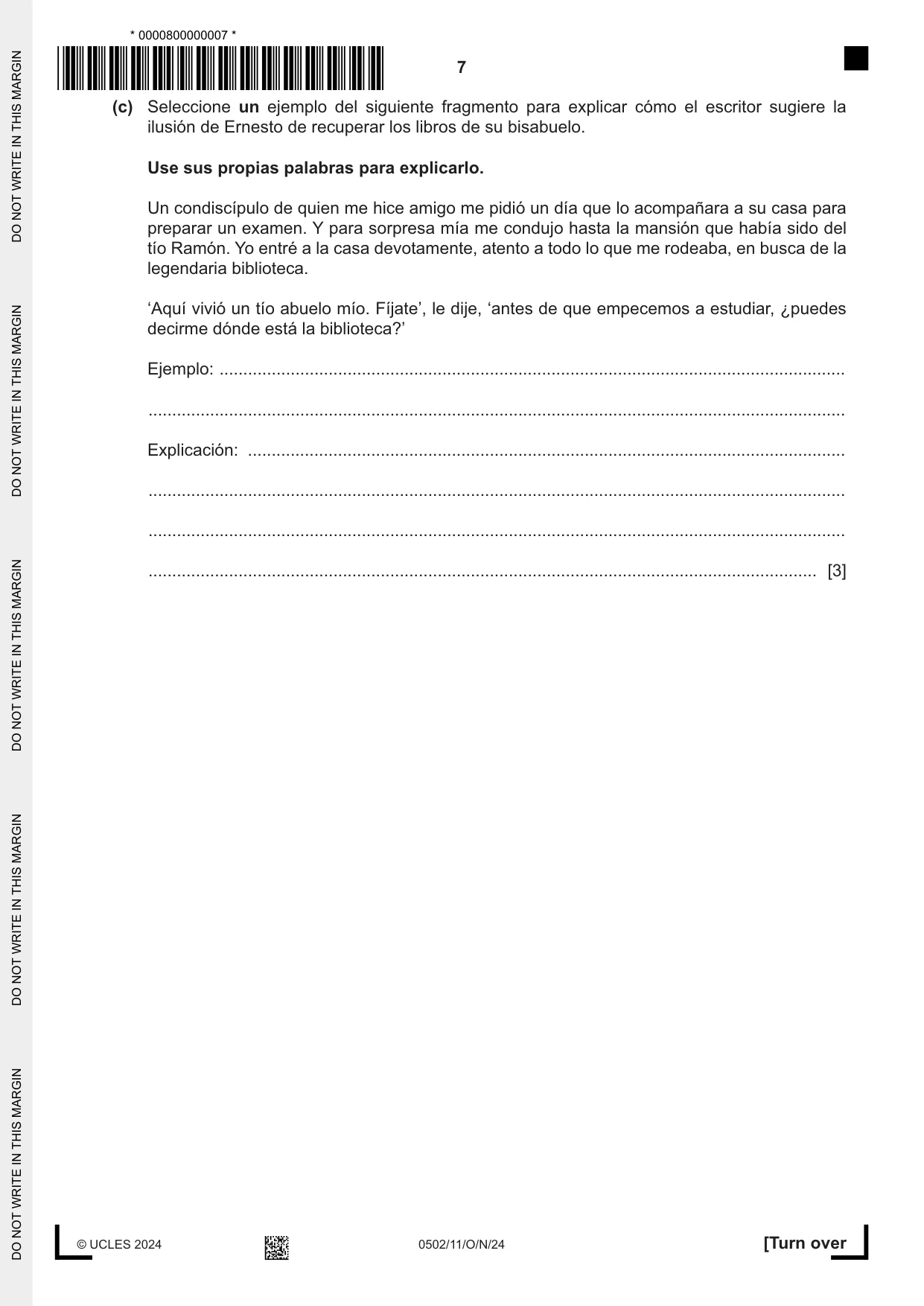 Cambridge IGCSE Spanish - First Language 0502 2024 Oct/Nov Paper 1 · Variant 1 question paper, page 7 of 16
