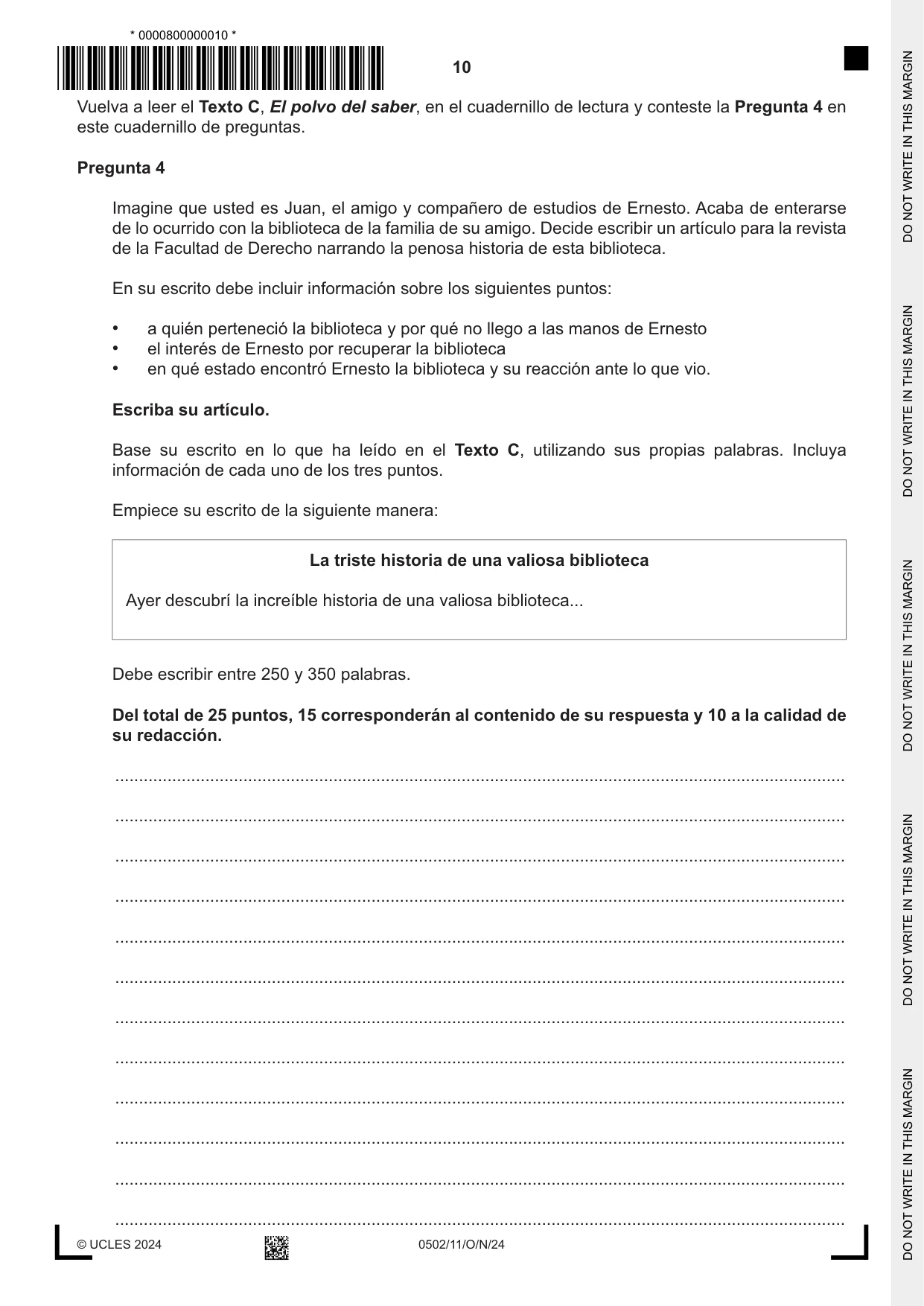 Cambridge IGCSE Spanish - First Language 0502 2024 Oct/Nov Paper 1 · Variant 1 question paper, page 10 of 16