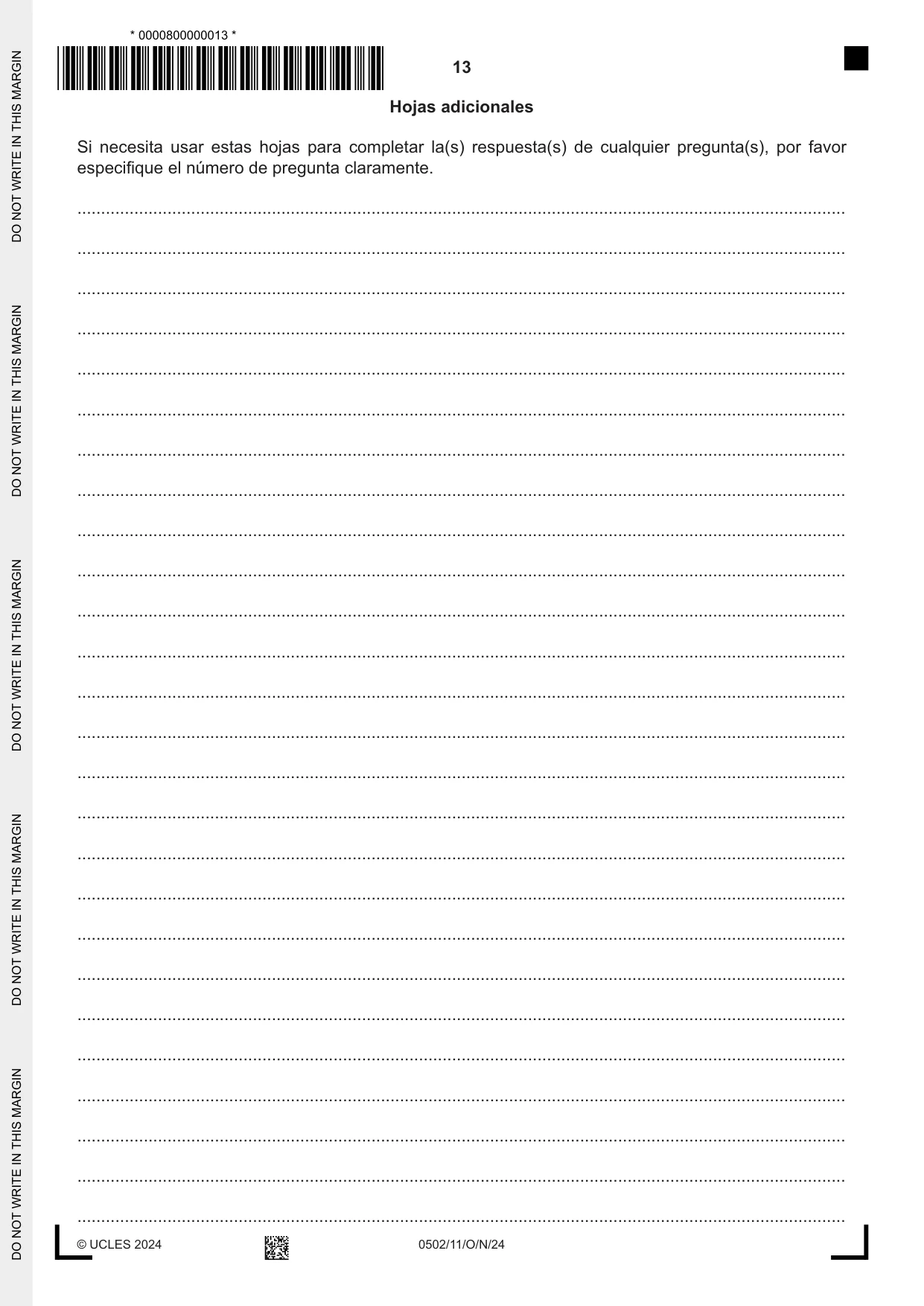 Cambridge IGCSE Spanish - First Language 0502 2024 Oct/Nov Paper 1 · Variant 1 question paper, page 13 of 16