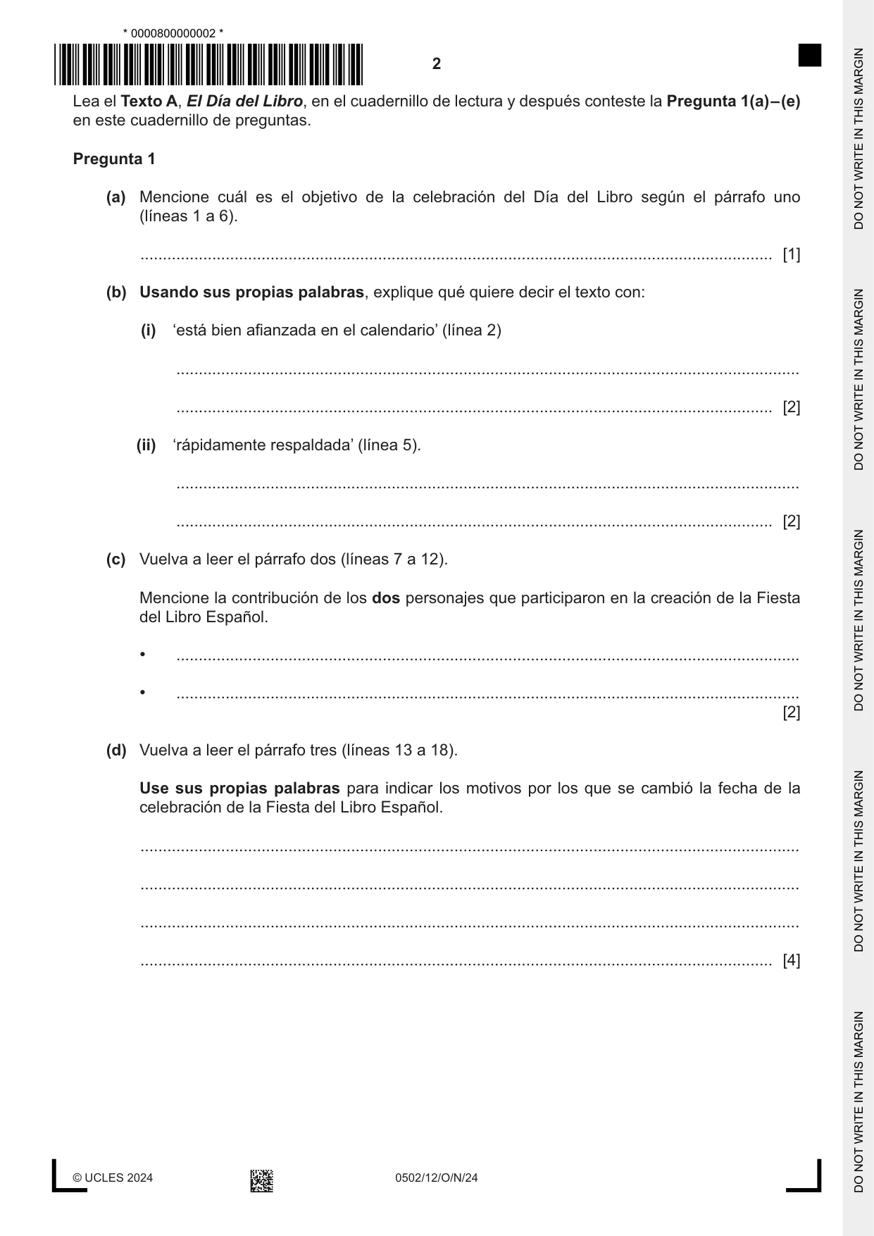 Cambridge IGCSE Spanish - First Language 0502 2024 Oct/Nov Paper 1 · Variant 2 question paper, page 2 of 16