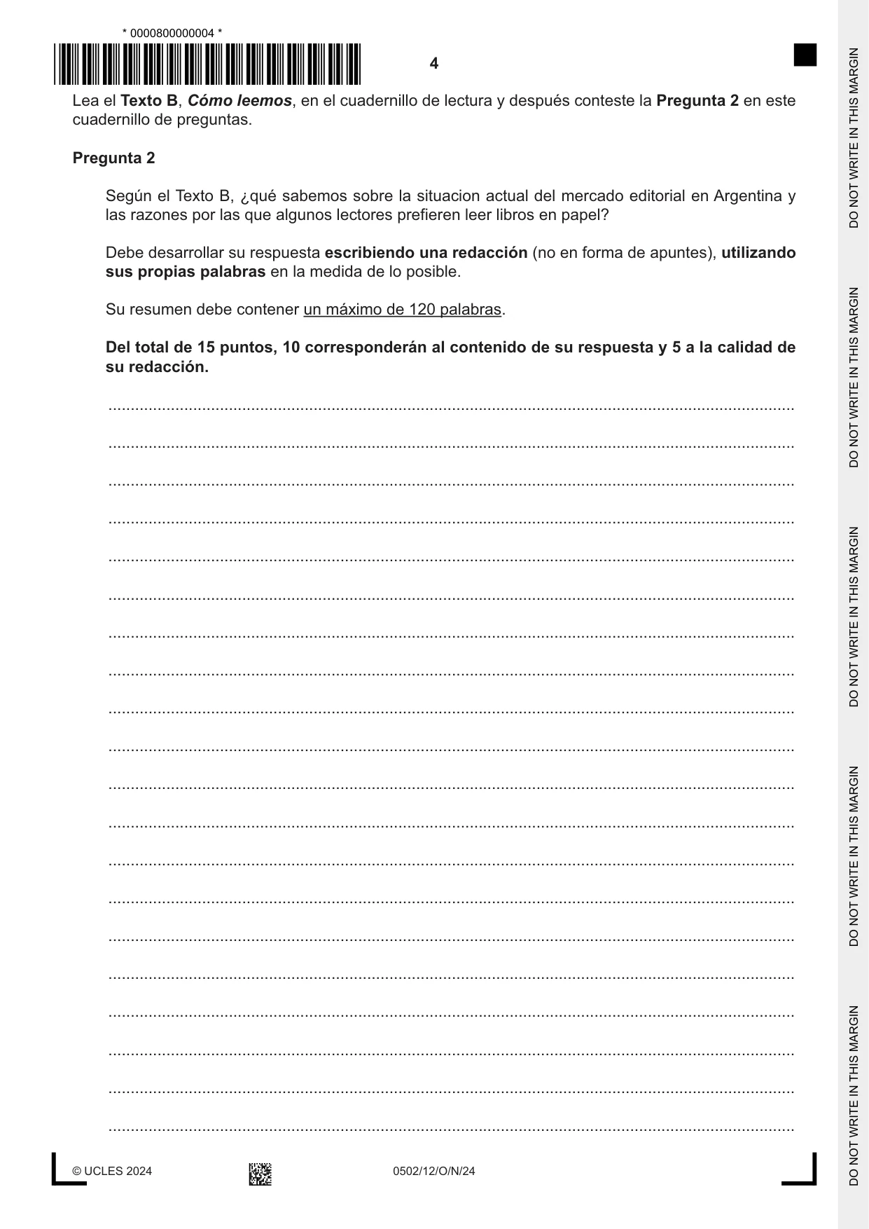 Cambridge IGCSE Spanish - First Language 0502 2024 Oct/Nov Paper 1 · Variant 2 question paper, page 4 of 16