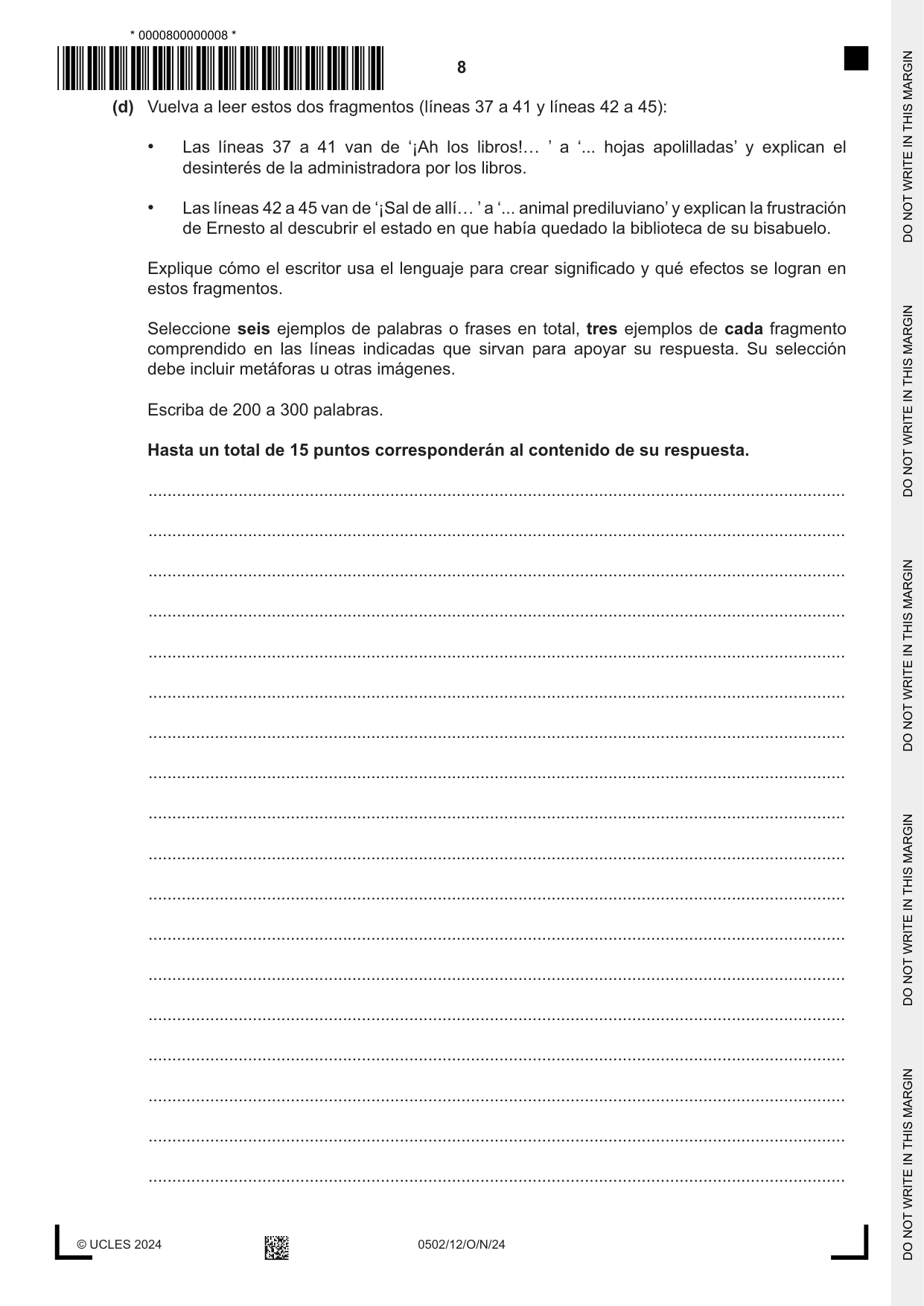 Cambridge IGCSE Spanish - First Language 0502 2024 Oct/Nov Paper 1 · Variant 2 question paper, page 8 of 16