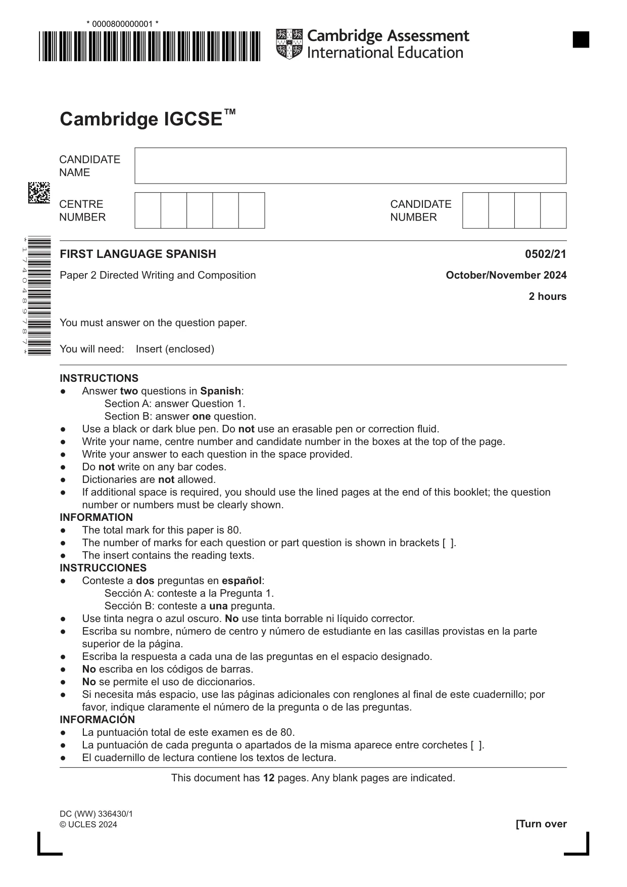 Cambridge IGCSE Spanish - First Language 0502 2024 Oct/Nov Paper 2 · Variant 1 question paper, page 1 of 12