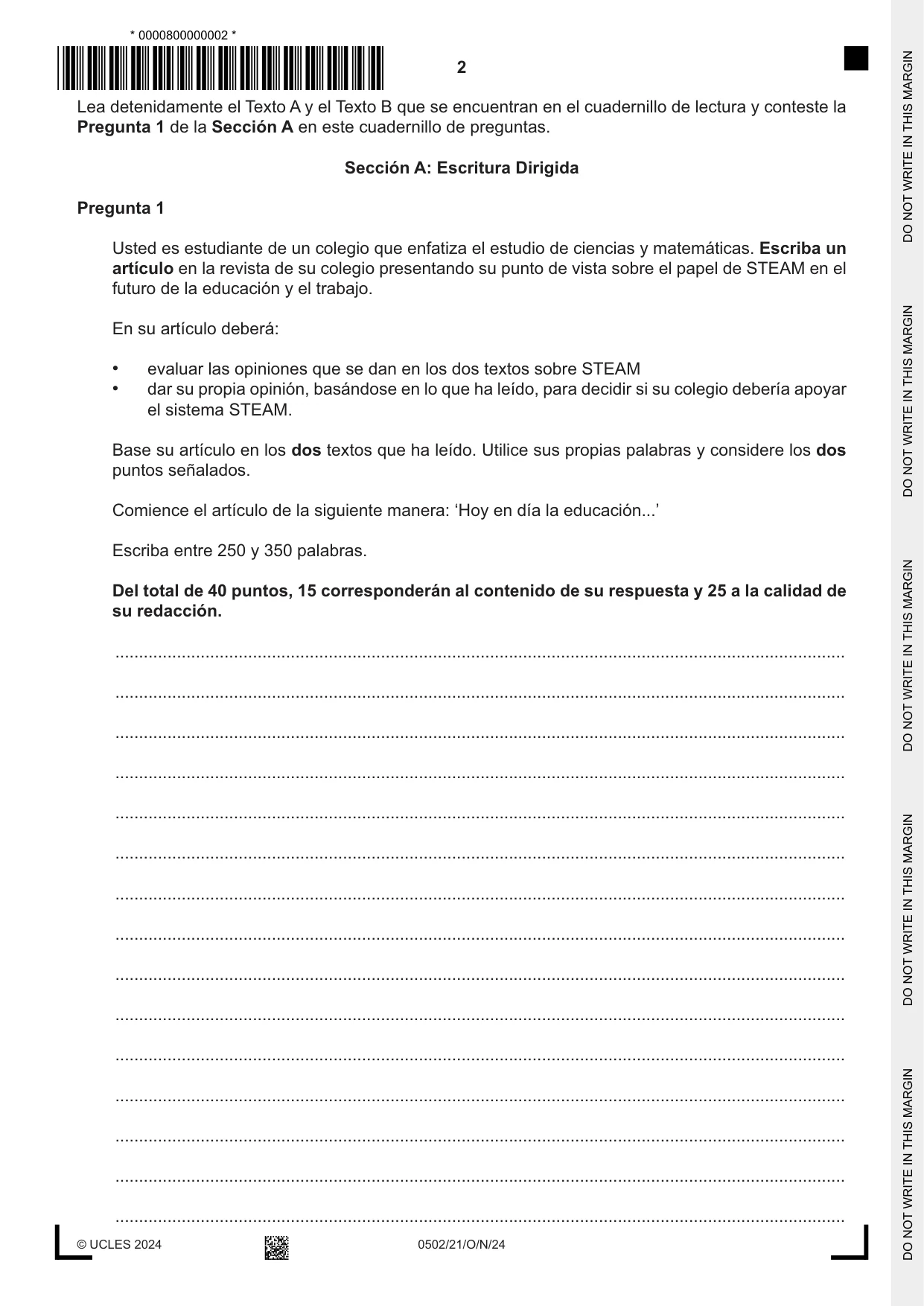 Cambridge IGCSE Spanish - First Language 0502 2024 Oct/Nov Paper 2 · Variant 1 question paper, page 2 of 12
