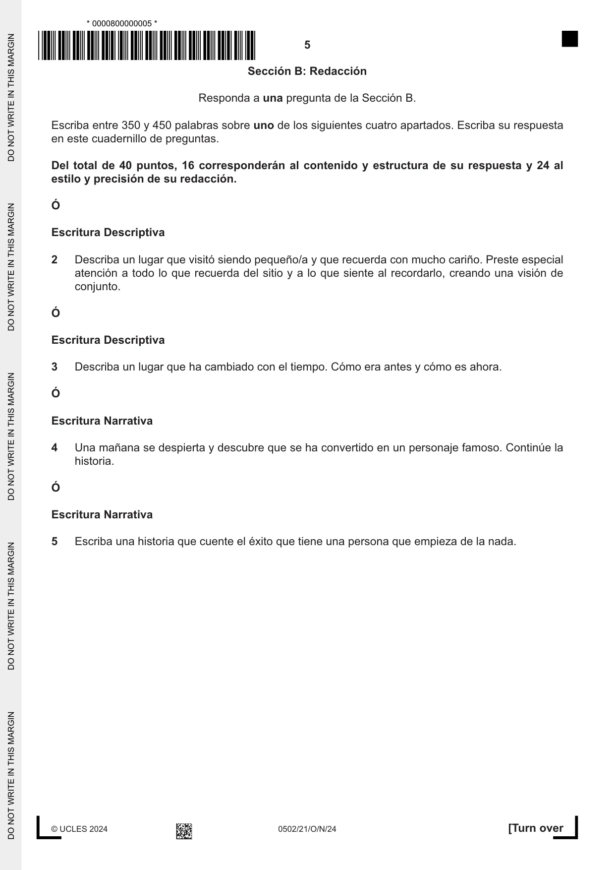 Cambridge IGCSE Spanish - First Language 0502 2024 Oct/Nov Paper 2 · Variant 1 question paper, page 5 of 12