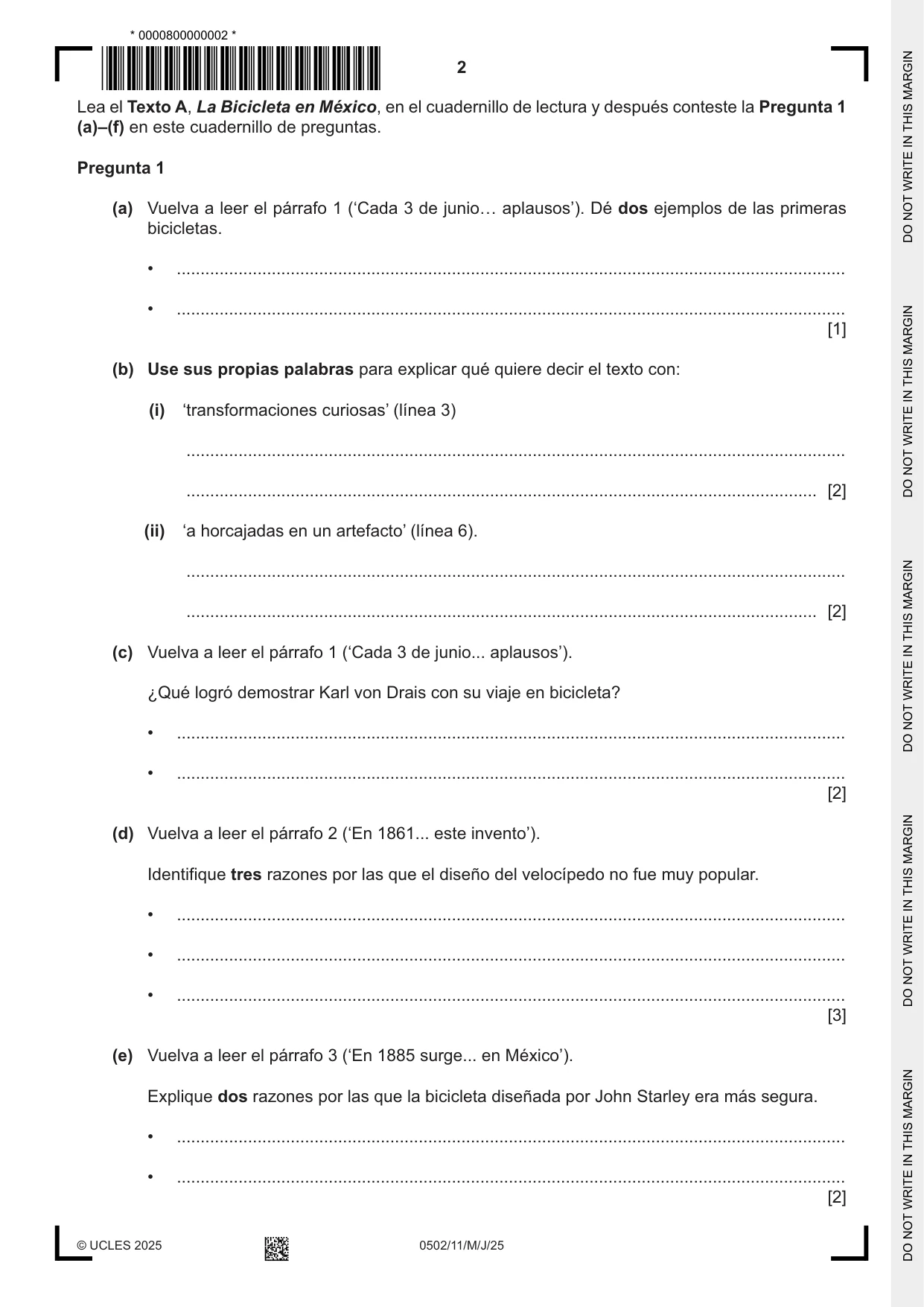 Cambridge IGCSE Spanish - First Language 0502 2025 May/June Paper 1 · Variant 1 question paper, page 2 of 16