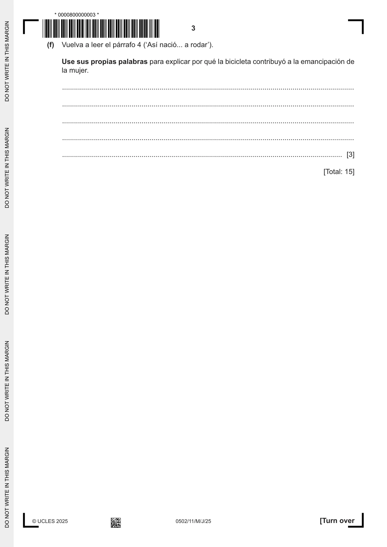 Cambridge IGCSE Spanish - First Language 0502 2025 May/June Paper 1 · Variant 1 question paper, page 3 of 16