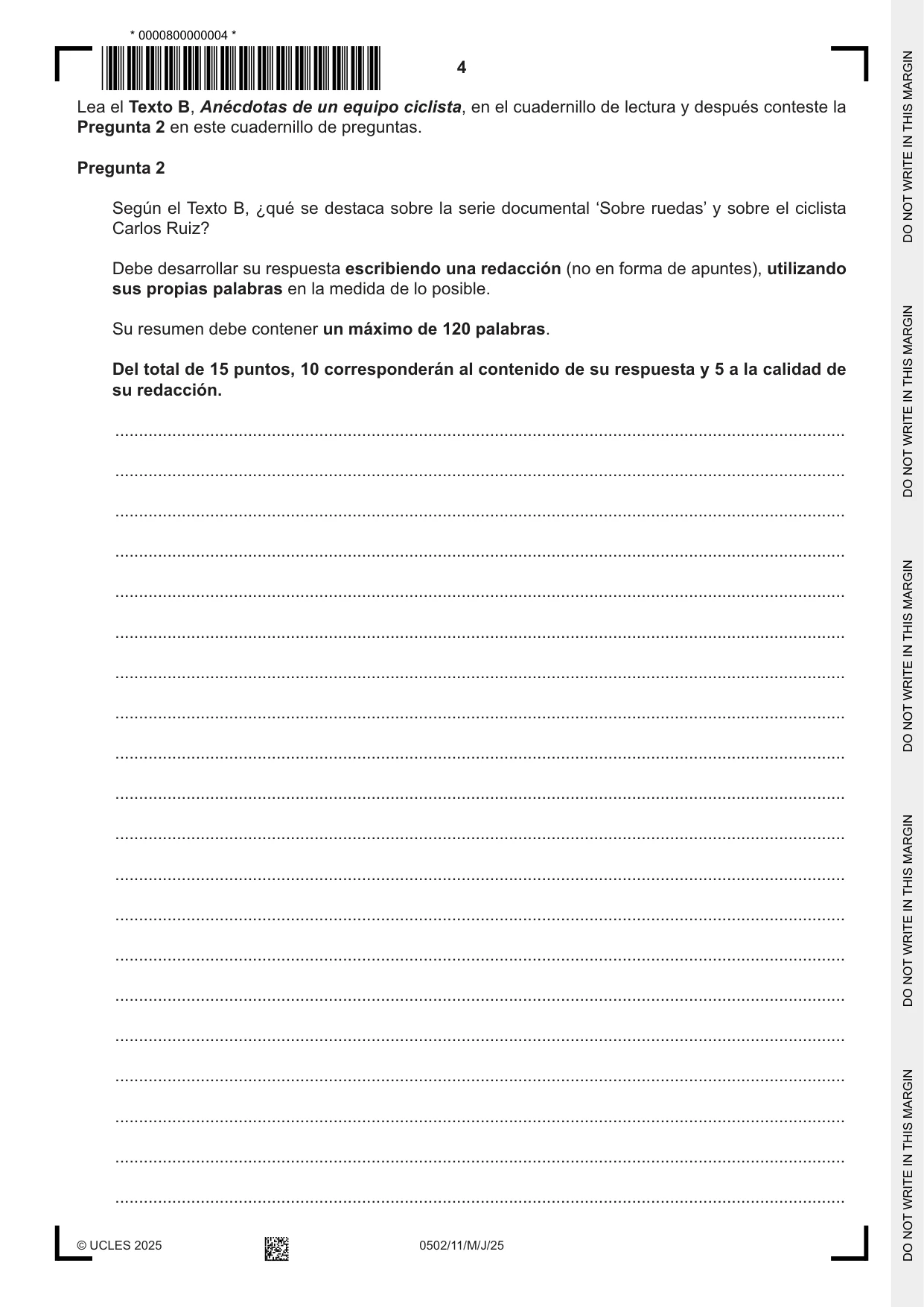 Cambridge IGCSE Spanish - First Language 0502 2025 May/June Paper 1 · Variant 1 question paper, page 4 of 16