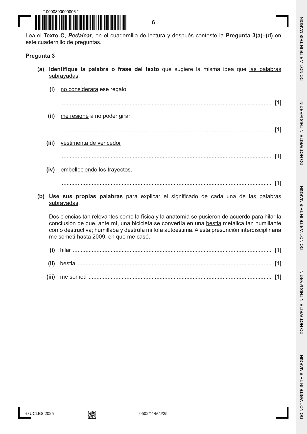 Cambridge IGCSE Spanish - First Language 0502 2025 May/June Paper 1 · Variant 1 question paper, page 6 of 16