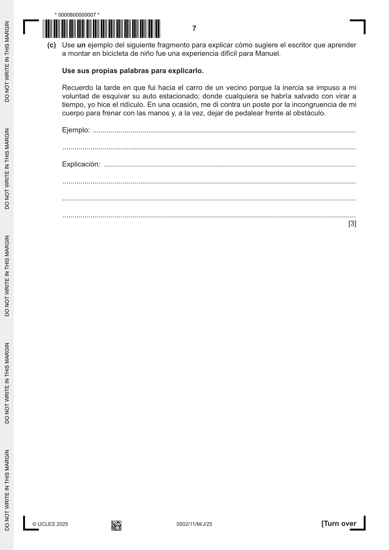 Cambridge IGCSE Spanish - First Language 0502 2025 May/June Paper 1 · Variant 1 question paper, page 7 of 16