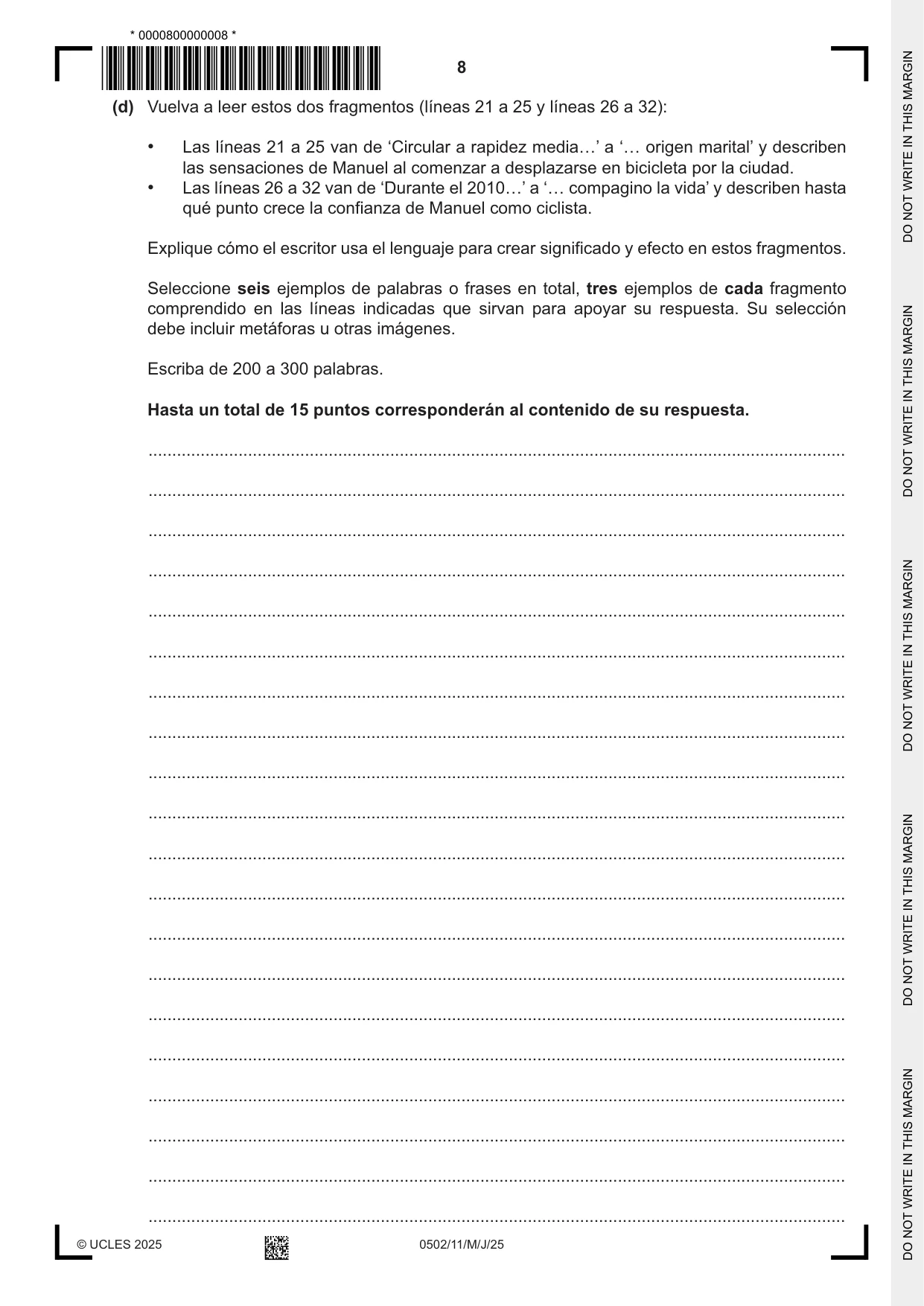 Cambridge IGCSE Spanish - First Language 0502 2025 May/June Paper 1 · Variant 1 question paper, page 8 of 16