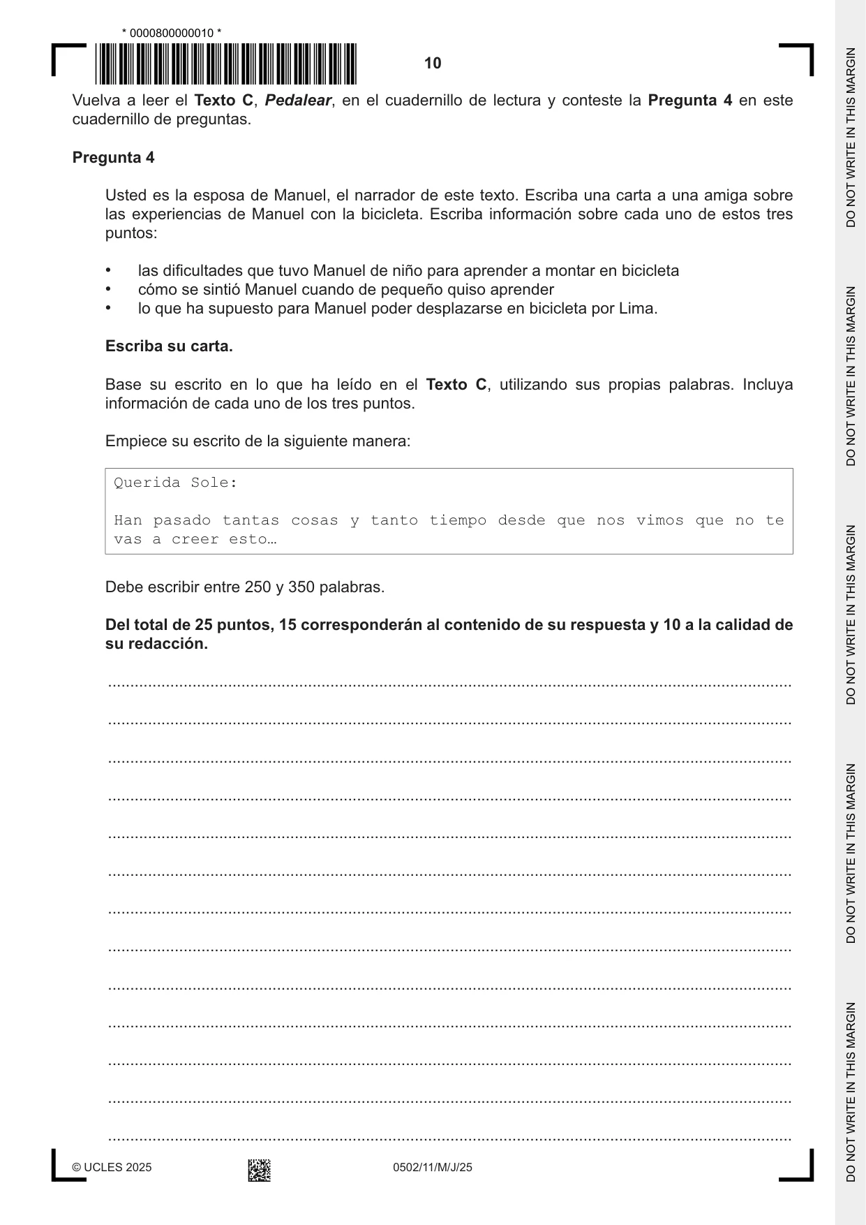 Cambridge IGCSE Spanish - First Language 0502 2025 May/June Paper 1 · Variant 1 question paper, page 10 of 16