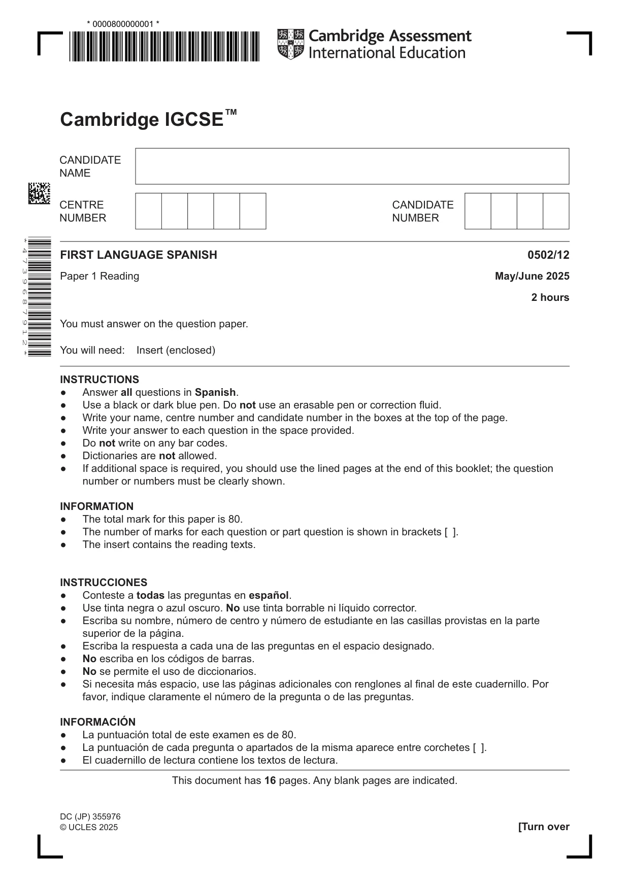 Cambridge IGCSE Spanish - First Language 0502 2025 May/June Paper 1 · Variant 2 question paper, page 1 of 16