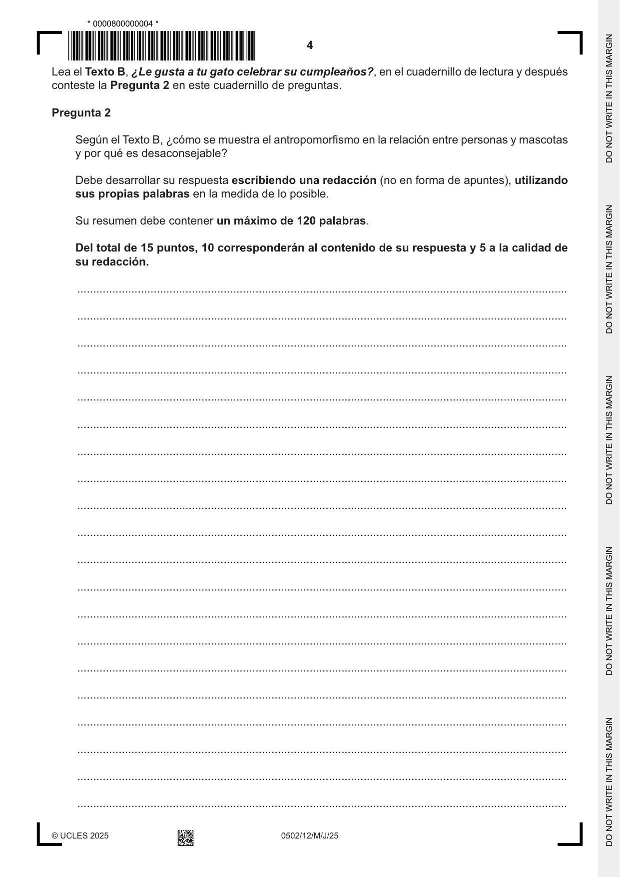 Cambridge IGCSE Spanish - First Language 0502 2025 May/June Paper 1 · Variant 2 question paper, page 4 of 16