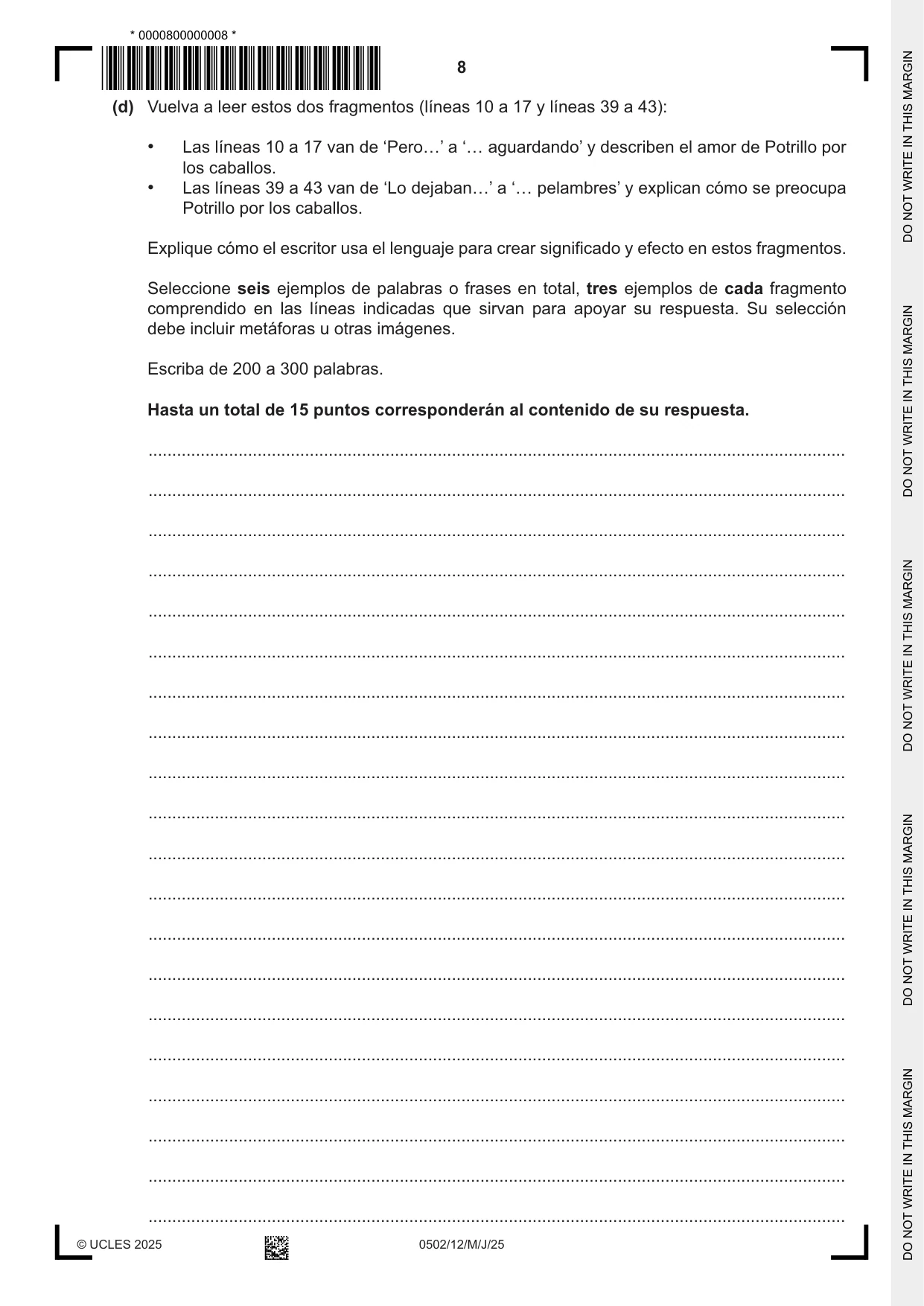 Cambridge IGCSE Spanish - First Language 0502 2025 May/June Paper 1 · Variant 2 question paper, page 8 of 16