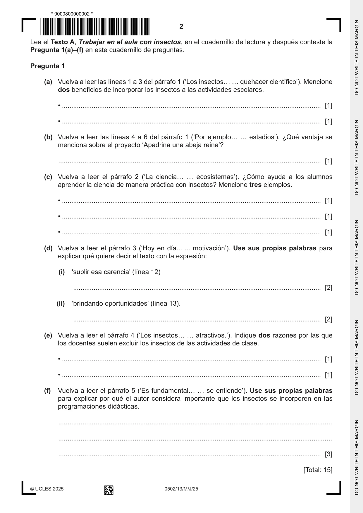 Cambridge IGCSE Spanish - First Language 0502 2025 May/June Paper 1 · Variant 3 question paper, page 2 of 16