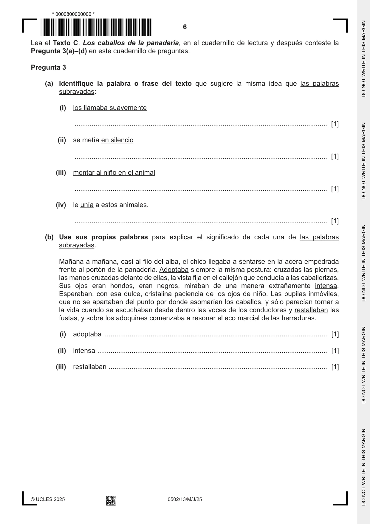 Cambridge IGCSE Spanish - First Language 0502 2025 May/June Paper 1 · Variant 3 question paper, page 6 of 16