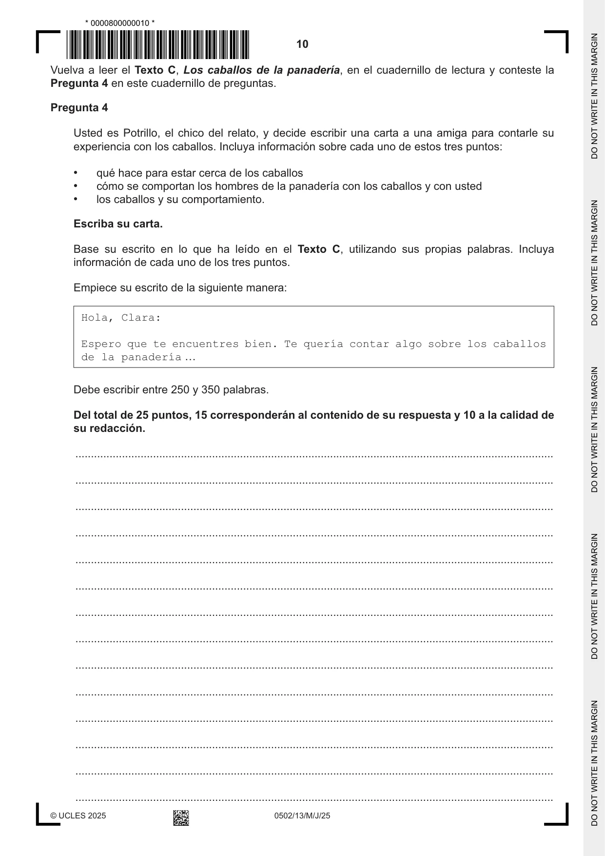 Cambridge IGCSE Spanish - First Language 0502 2025 May/June Paper 1 · Variant 3 question paper, page 10 of 16