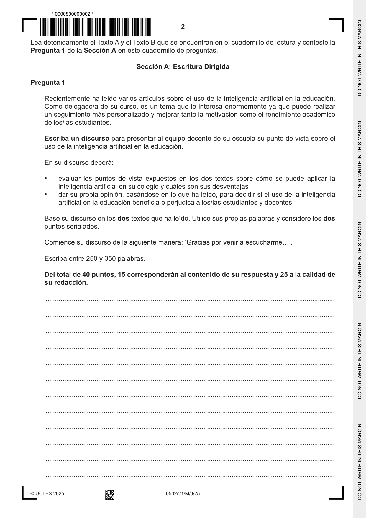 Cambridge IGCSE Spanish - First Language 0502 2025 May/June Paper 2 · Variant 1 question paper, page 2 of 12