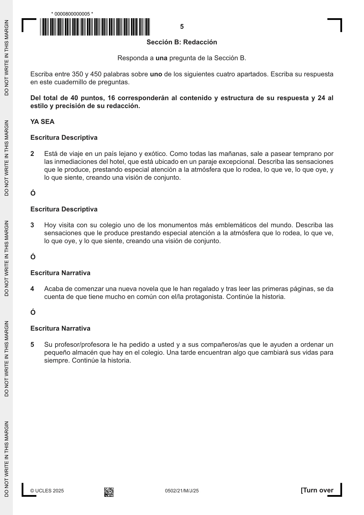 Cambridge IGCSE Spanish - First Language 0502 2025 May/June Paper 2 · Variant 1 question paper, page 5 of 12
