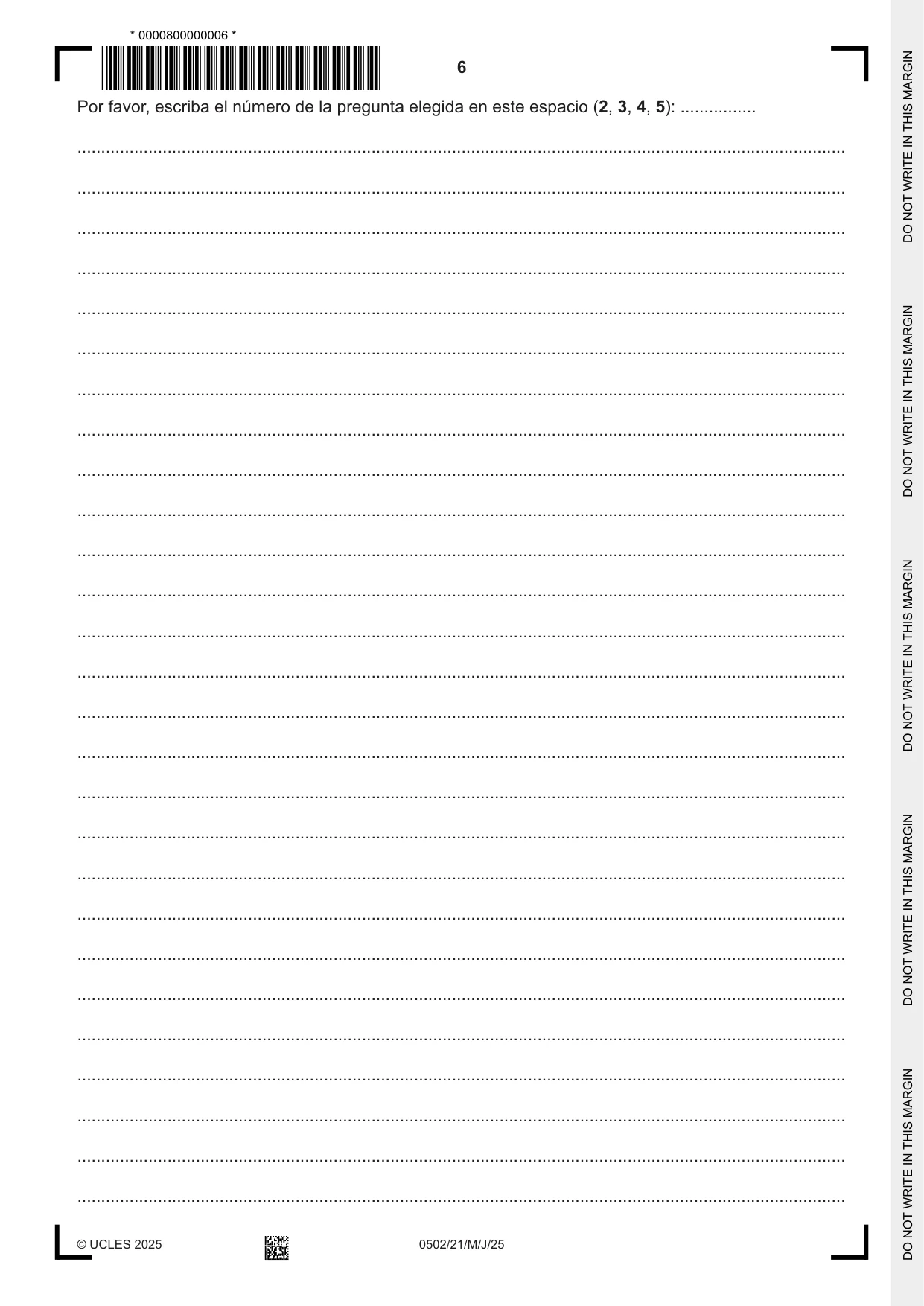 Cambridge IGCSE Spanish - First Language 0502 2025 May/June Paper 2 · Variant 1 question paper, page 6 of 12