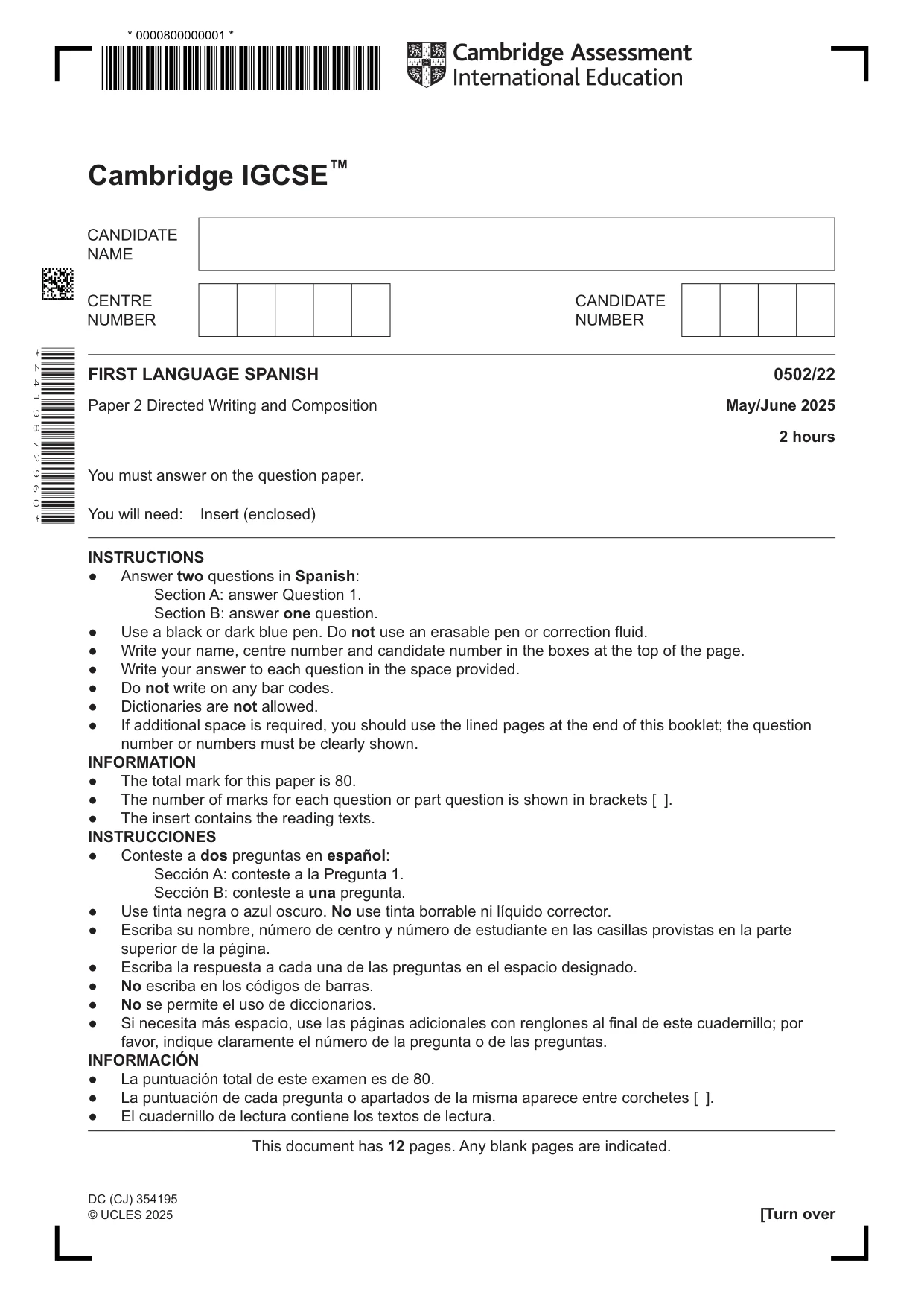 Cambridge IGCSE Spanish - First Language 0502 2025 May/June Paper 2 · Variant 2 question paper, page 1 of 12