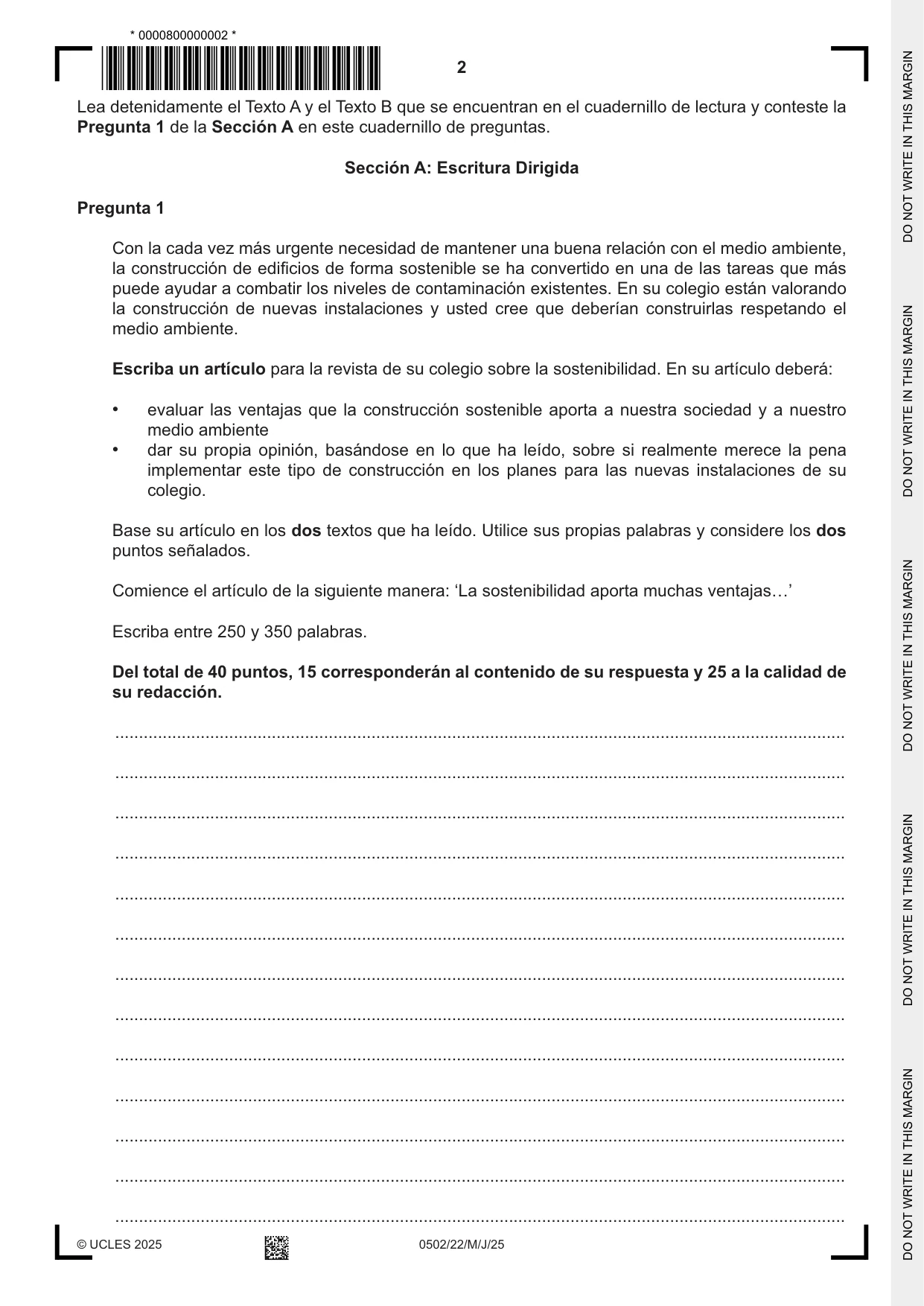 Cambridge IGCSE Spanish - First Language 0502 2025 May/June Paper 2 · Variant 2 question paper, page 2 of 12