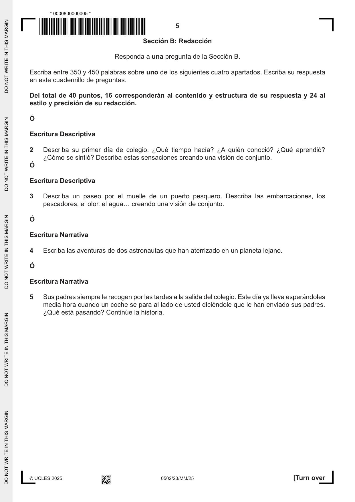 Cambridge IGCSE Spanish - First Language 0502 2025 May/June Paper 2 · Variant 3 question paper, page 5 of 12