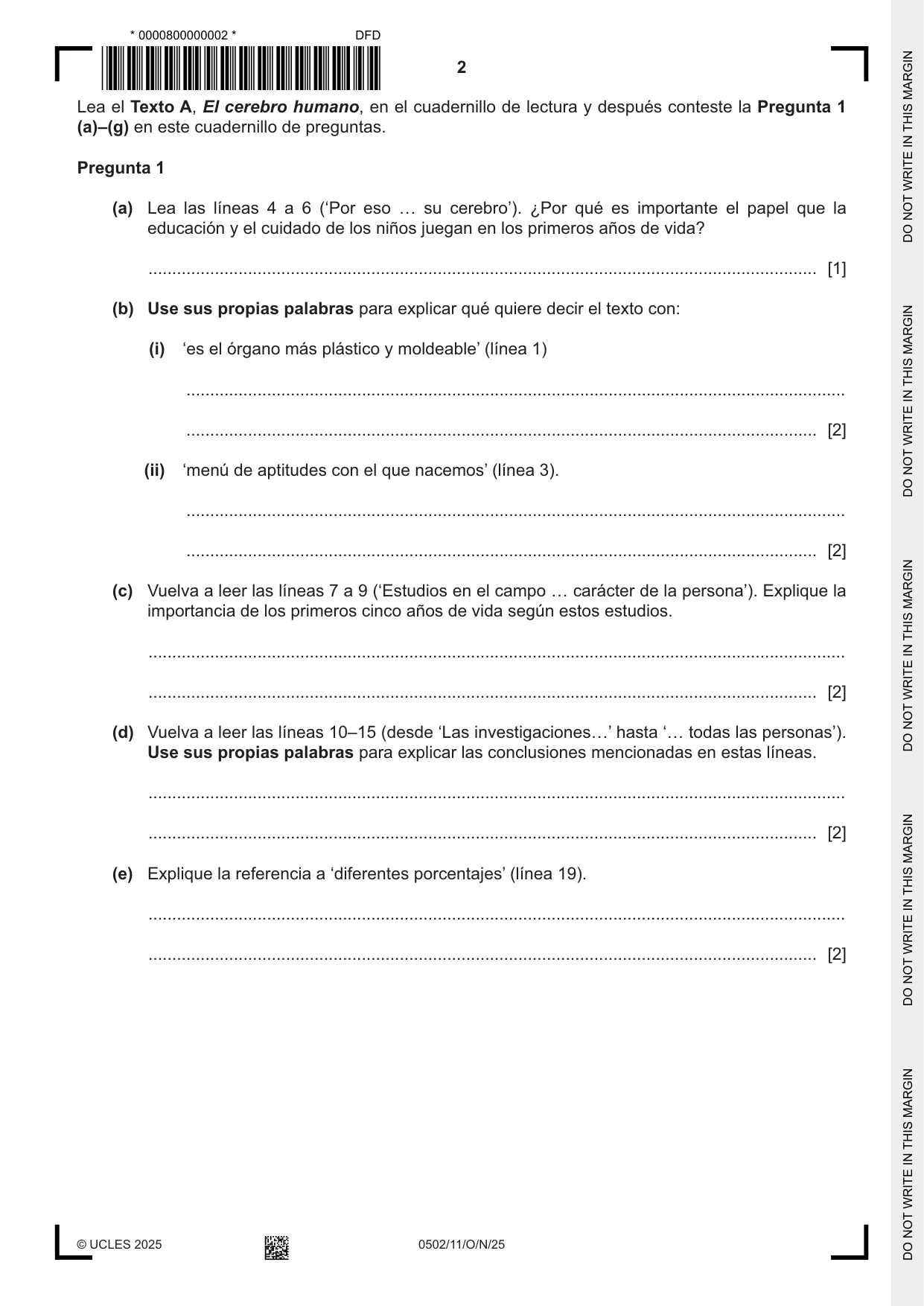 Cambridge IGCSE Spanish - First Language 0502 2025 Oct/Nov Paper 1 · Variant 1 question paper, page 2 of 16