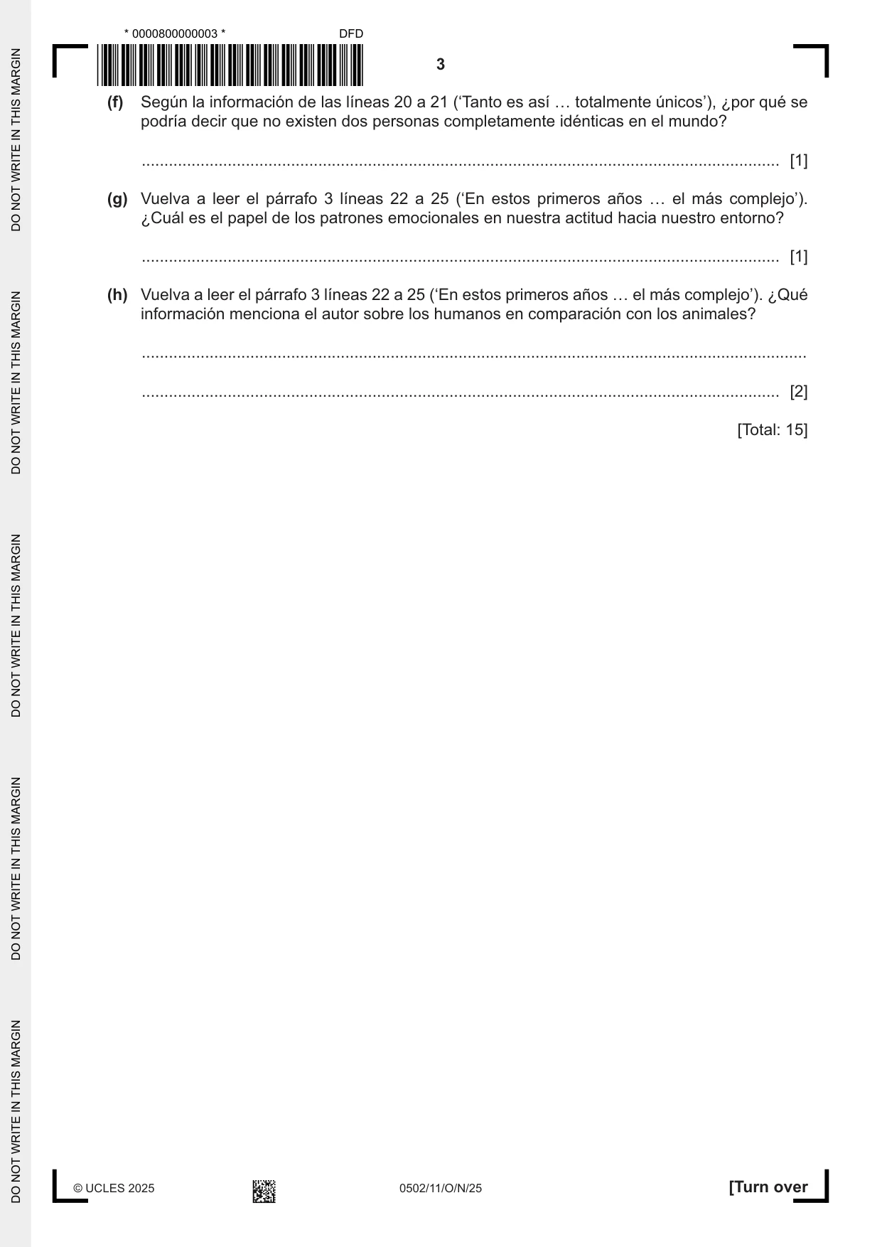 Cambridge IGCSE Spanish - First Language 0502 2025 Oct/Nov Paper 1 · Variant 1 question paper, page 3 of 16