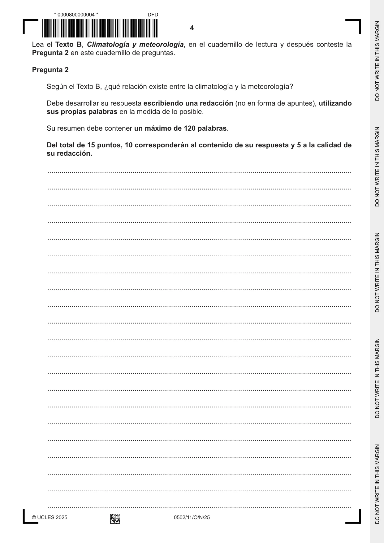 Cambridge IGCSE Spanish - First Language 0502 2025 Oct/Nov Paper 1 · Variant 1 question paper, page 4 of 16