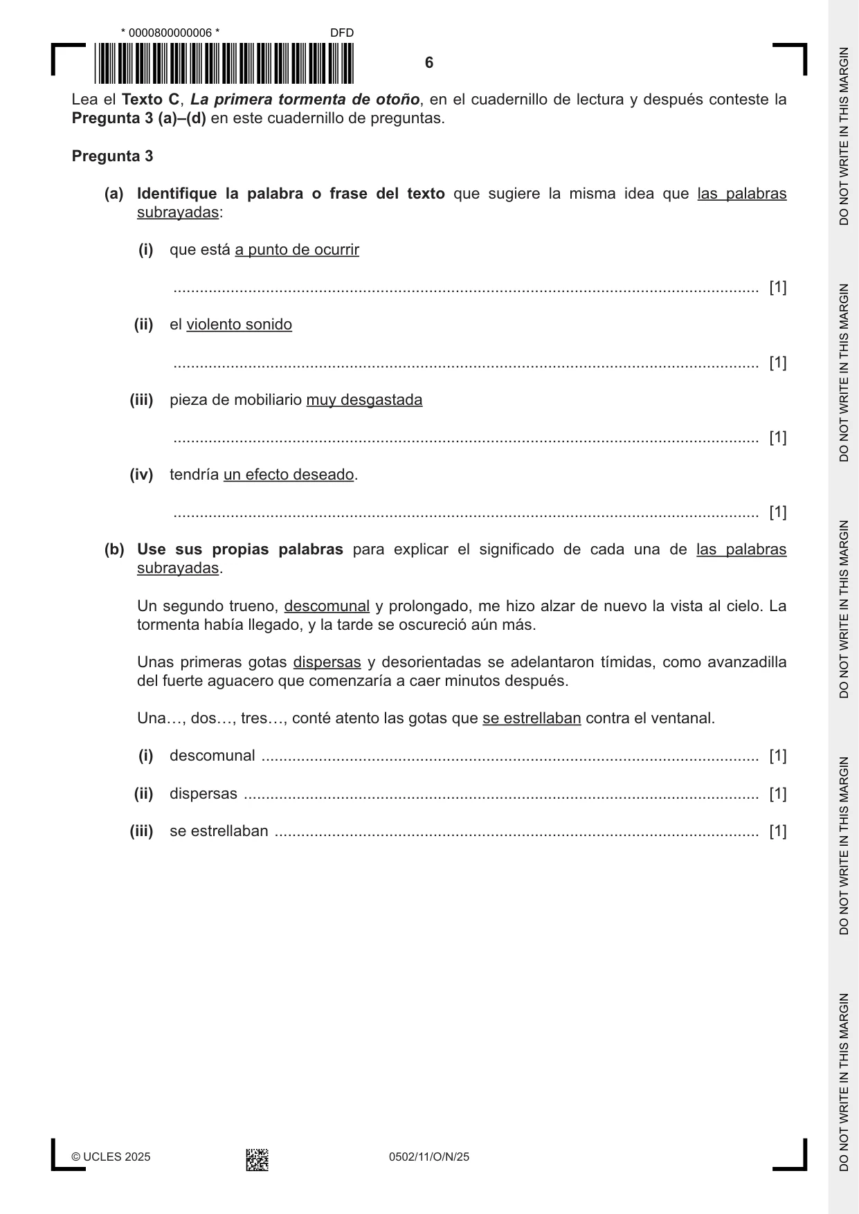 Cambridge IGCSE Spanish - First Language 0502 2025 Oct/Nov Paper 1 · Variant 1 question paper, page 6 of 16