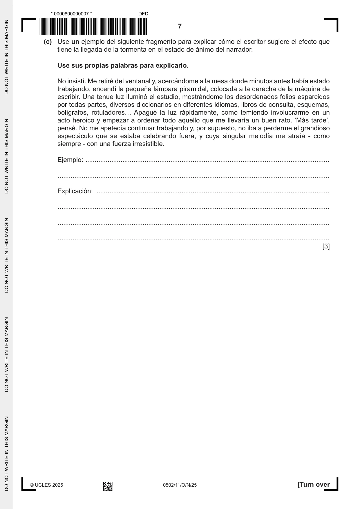 Cambridge IGCSE Spanish - First Language 0502 2025 Oct/Nov Paper 1 · Variant 1 question paper, page 7 of 16