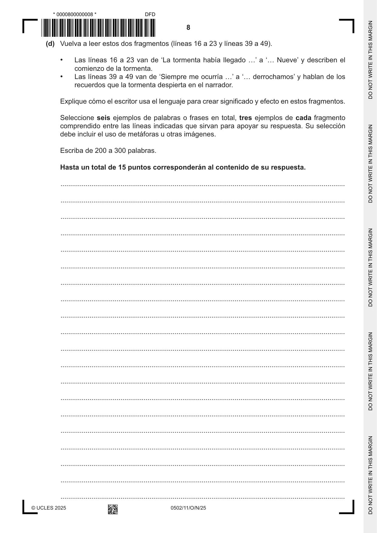 Cambridge IGCSE Spanish - First Language 0502 2025 Oct/Nov Paper 1 · Variant 1 question paper, page 8 of 16