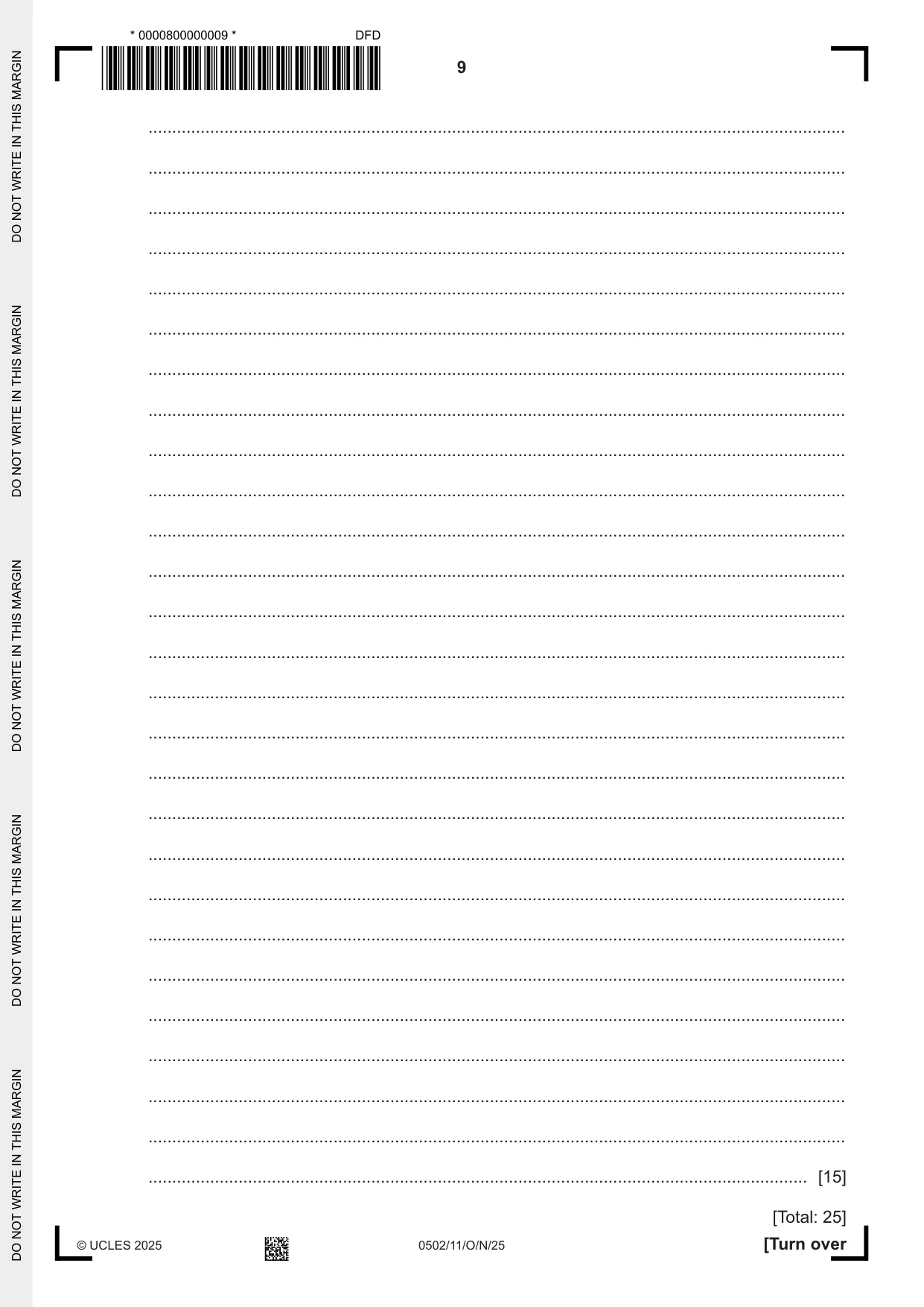 Cambridge IGCSE Spanish - First Language 0502 2025 Oct/Nov Paper 1 · Variant 1 question paper, page 9 of 16