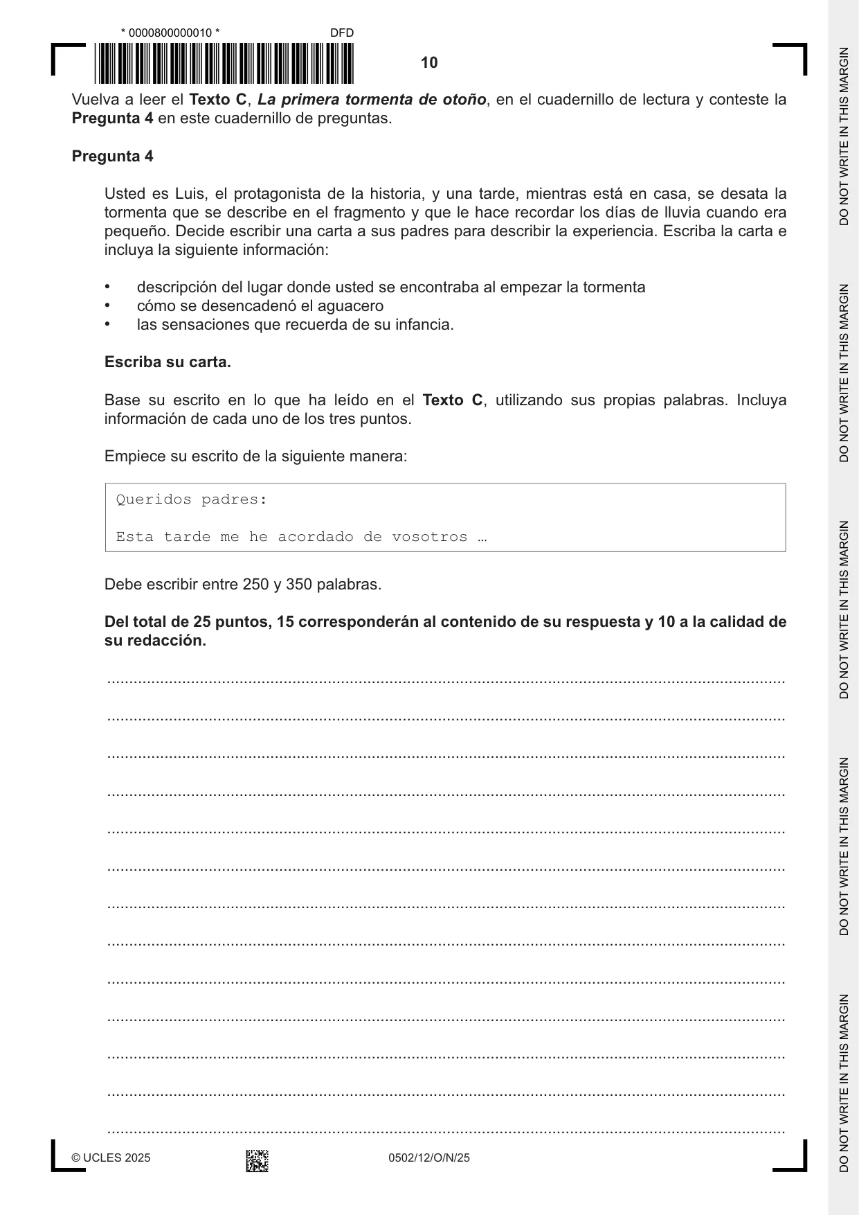 Cambridge IGCSE Spanish - First Language 0502 2025 Oct/Nov Paper 1 · Variant 2 question paper, page 10 of 16