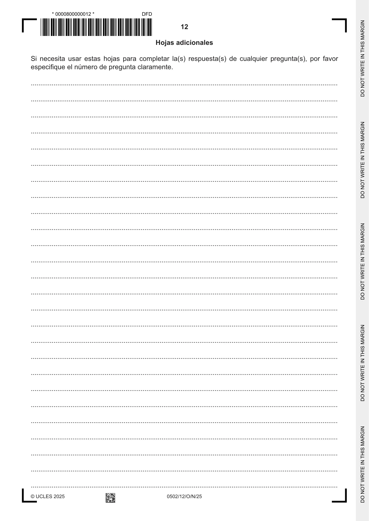 Cambridge IGCSE Spanish - First Language 0502 2025 Oct/Nov Paper 1 · Variant 2 question paper, page 12 of 16