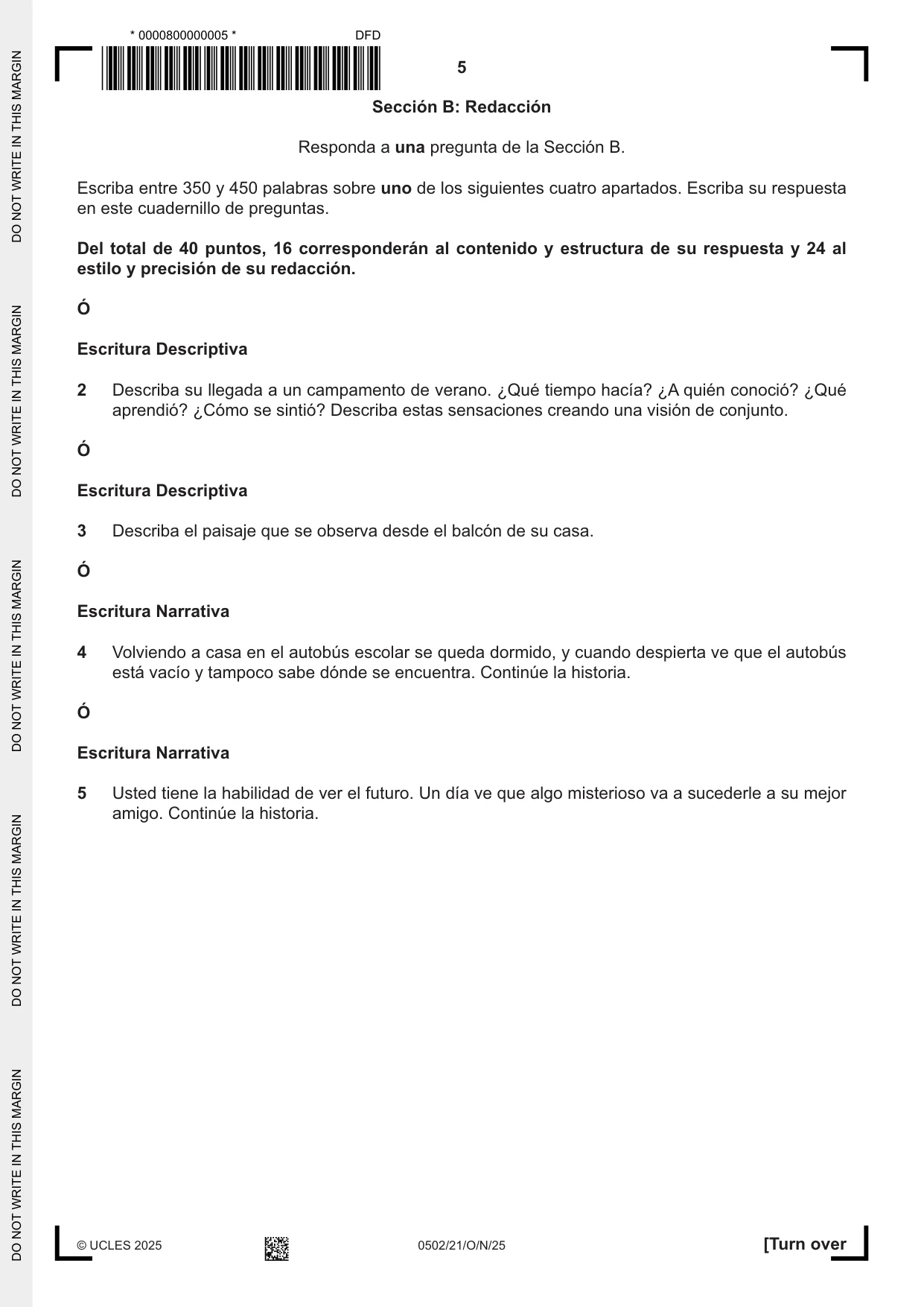 Cambridge IGCSE Spanish - First Language 0502 2025 Oct/Nov Paper 2 · Variant 1 question paper, page 5 of 12