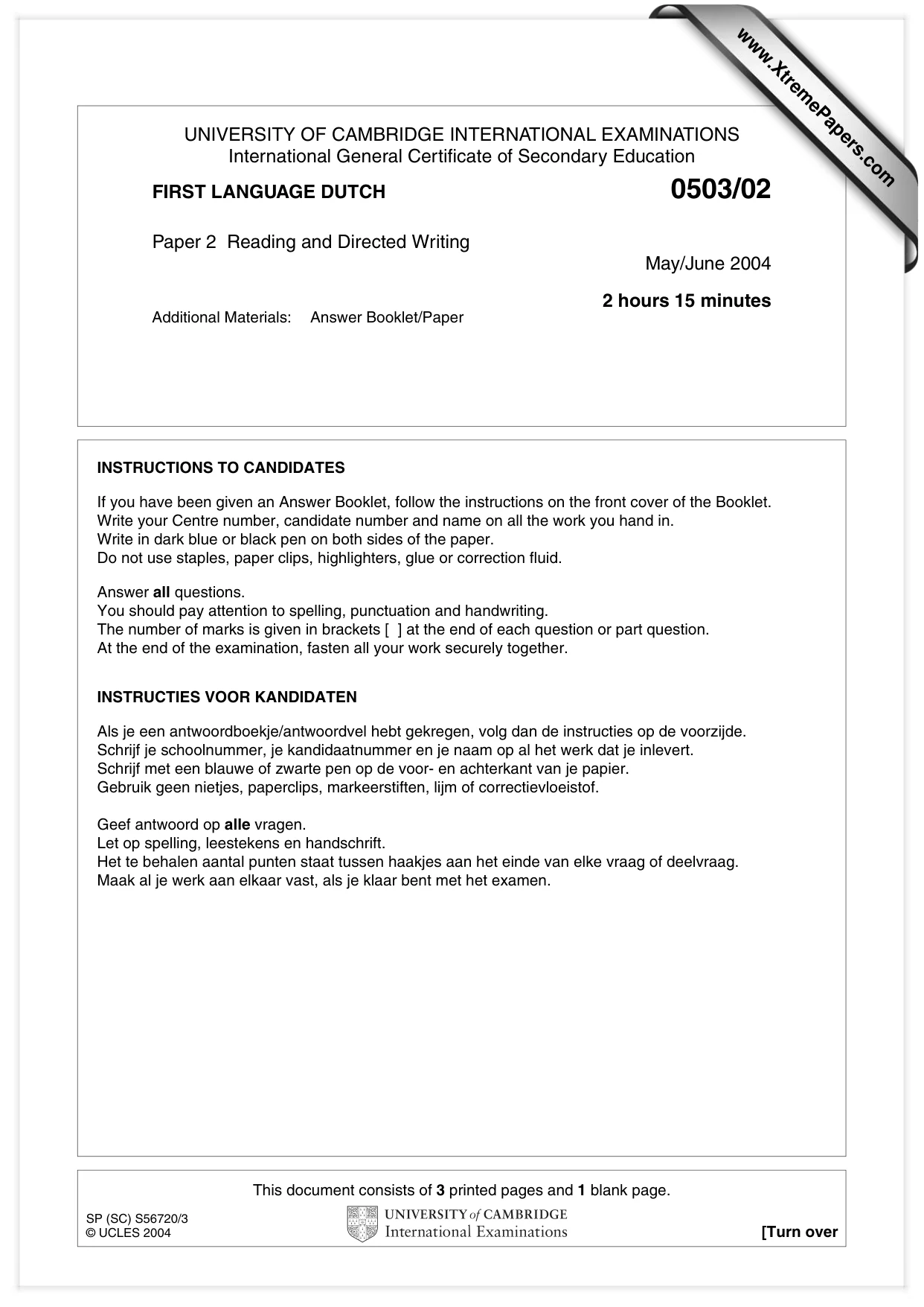 Cambridge IGCSE Dutch - First Language 0503 2004 May/June Paper 2 · Variant 1 question paper, page 1 of 4