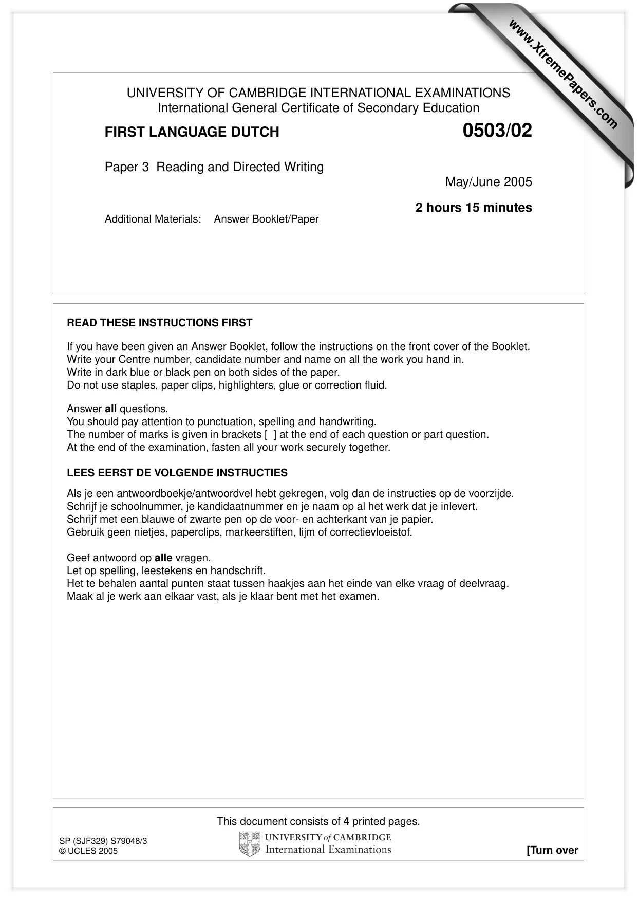 Cambridge IGCSE Dutch - First Language 0503 2005 May/June Paper 2 · Variant 1 question paper, page 1 of 4