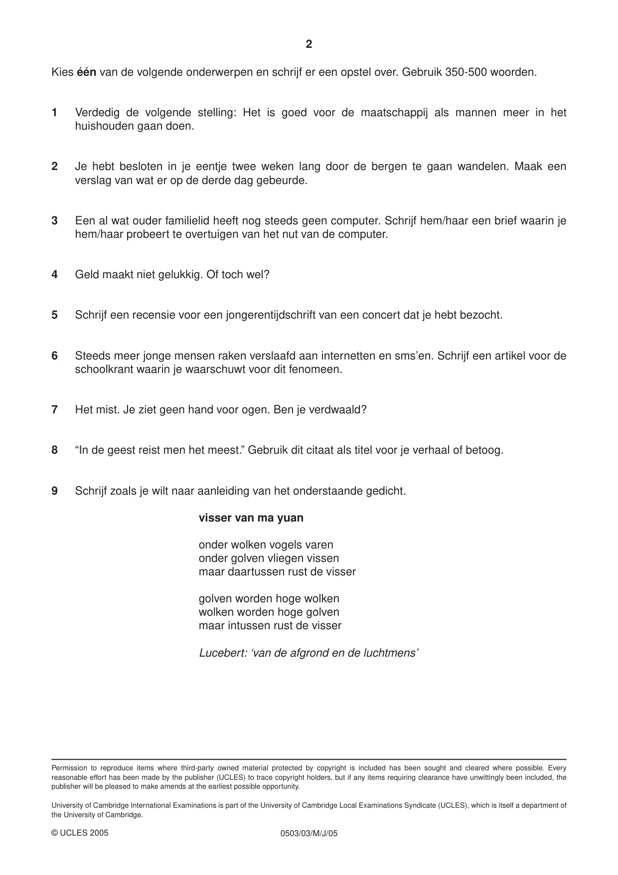 Cambridge IGCSE Dutch - First Language 0503 2005 May/June Paper 3 · Variant 1 question paper, page 2 of 2