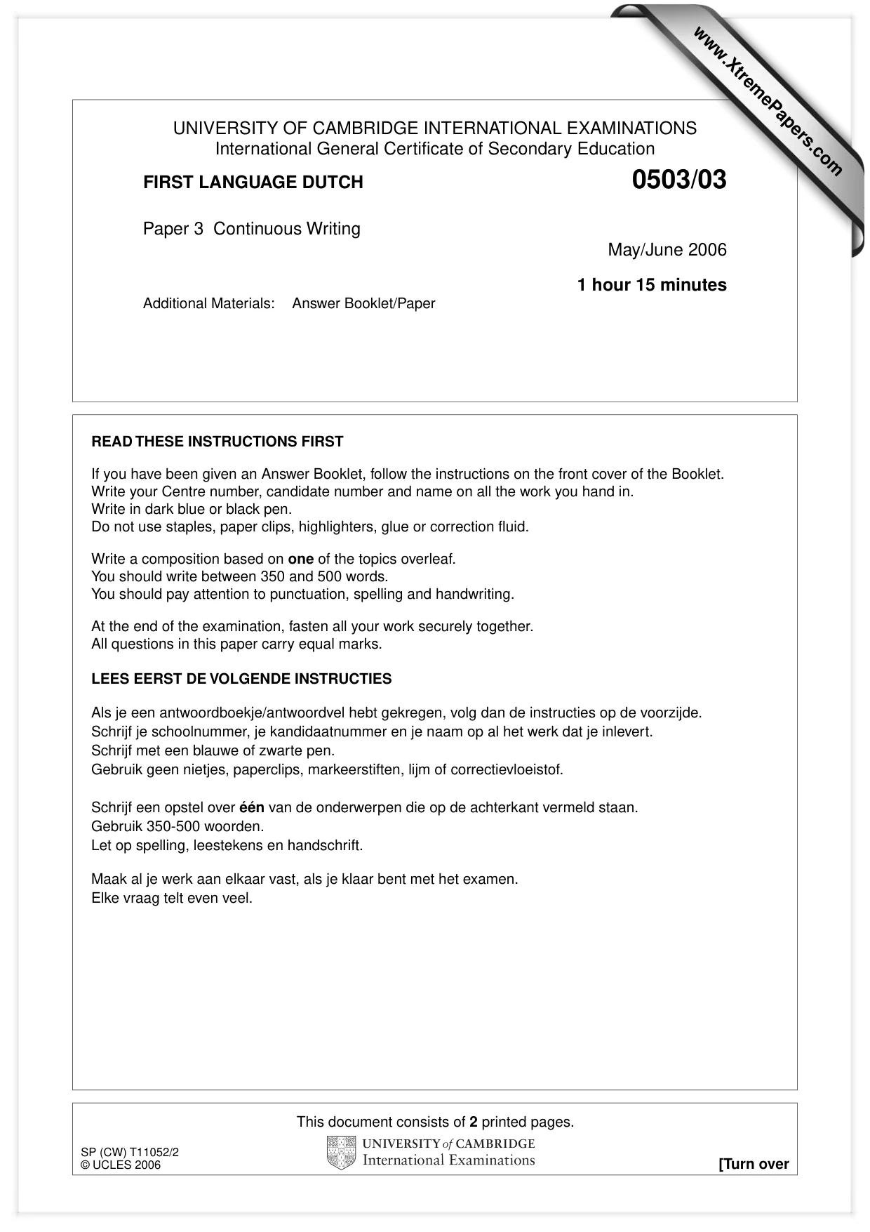 Cambridge IGCSE Dutch - First Language 0503 2006 May/June Paper 3 · Variant 1 question paper, page 1 of 2