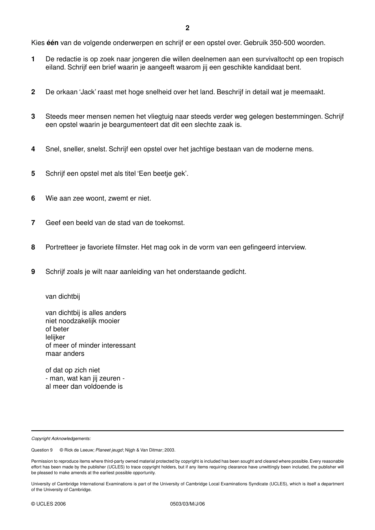 Cambridge IGCSE Dutch - First Language 0503 2006 May/June Paper 3 · Variant 1 question paper, page 2 of 2