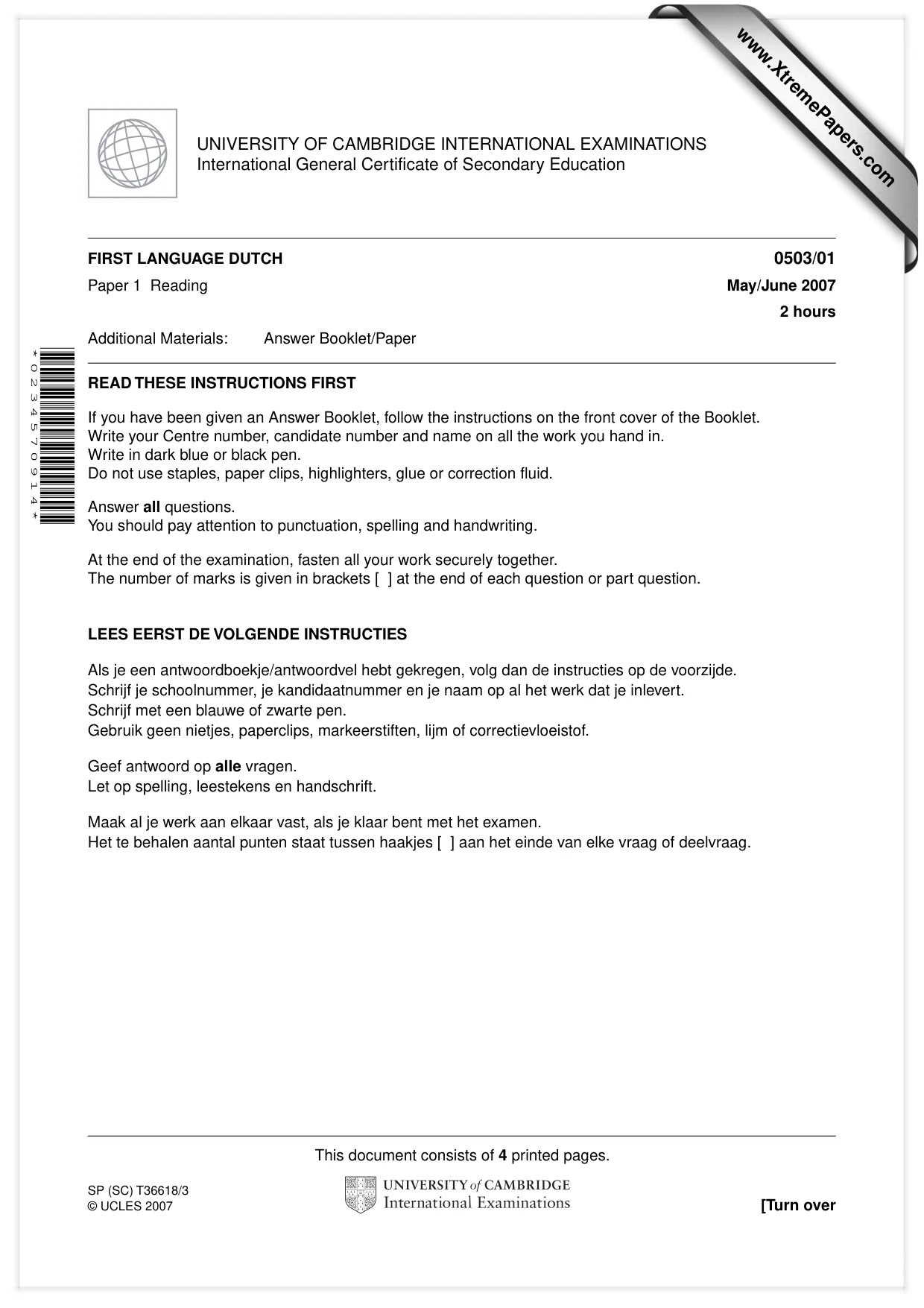 Cambridge IGCSE Dutch - First Language 0503 2007 May/June Paper 1 · Variant 1 question paper, page 1 of 4