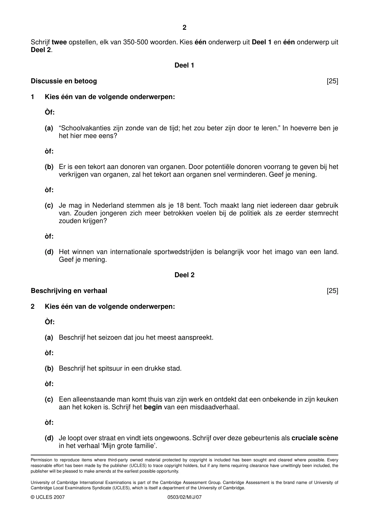 Cambridge IGCSE Dutch - First Language 0503 2007 May/June Paper 2 · Variant 1 question paper, page 2 of 2