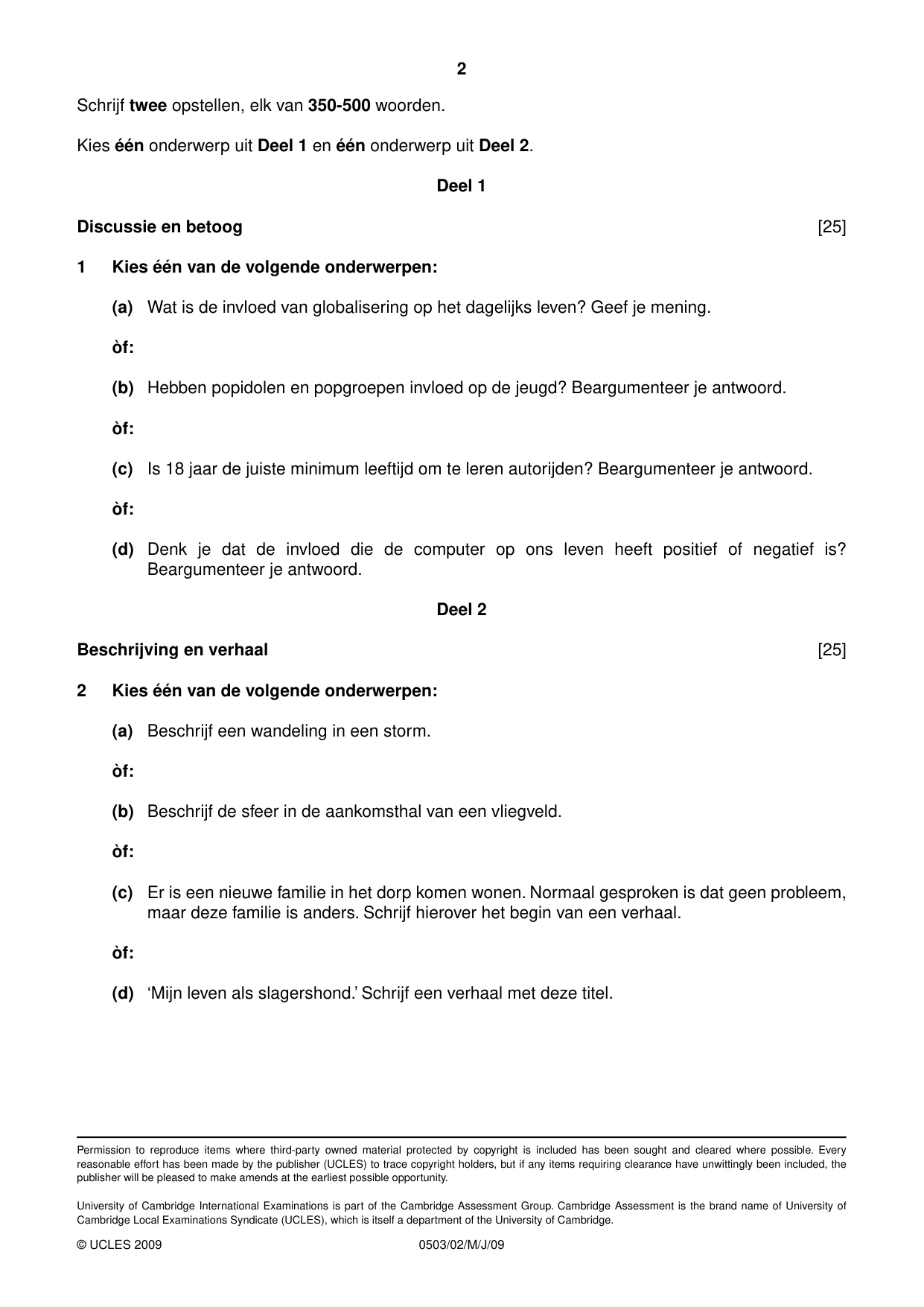 Cambridge IGCSE Dutch - First Language 0503 2009 May/June Paper 2 · Variant 1 question paper, page 2 of 2