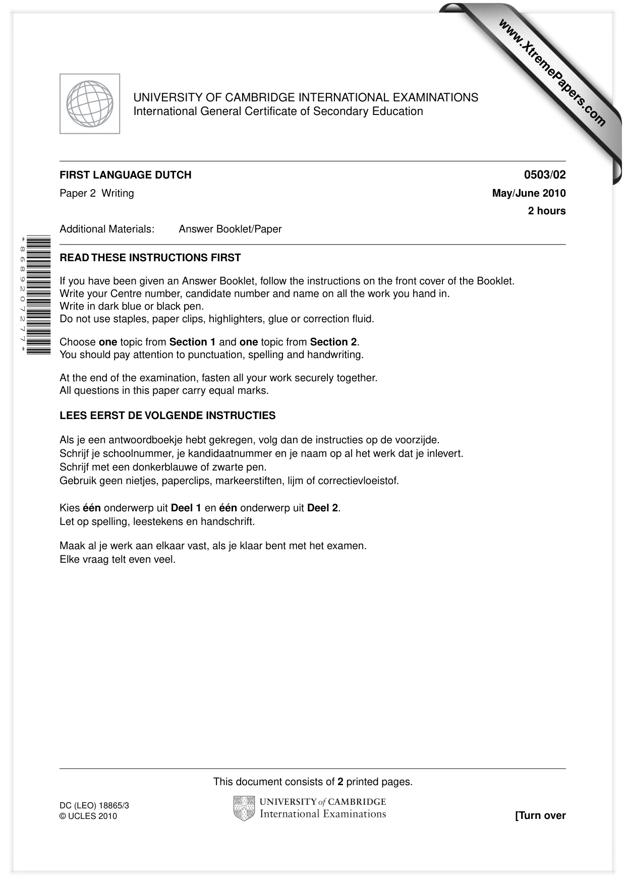Cambridge IGCSE Dutch - First Language 0503 2010 May/June Paper 2 · Variant 1 question paper, page 1 of 2
