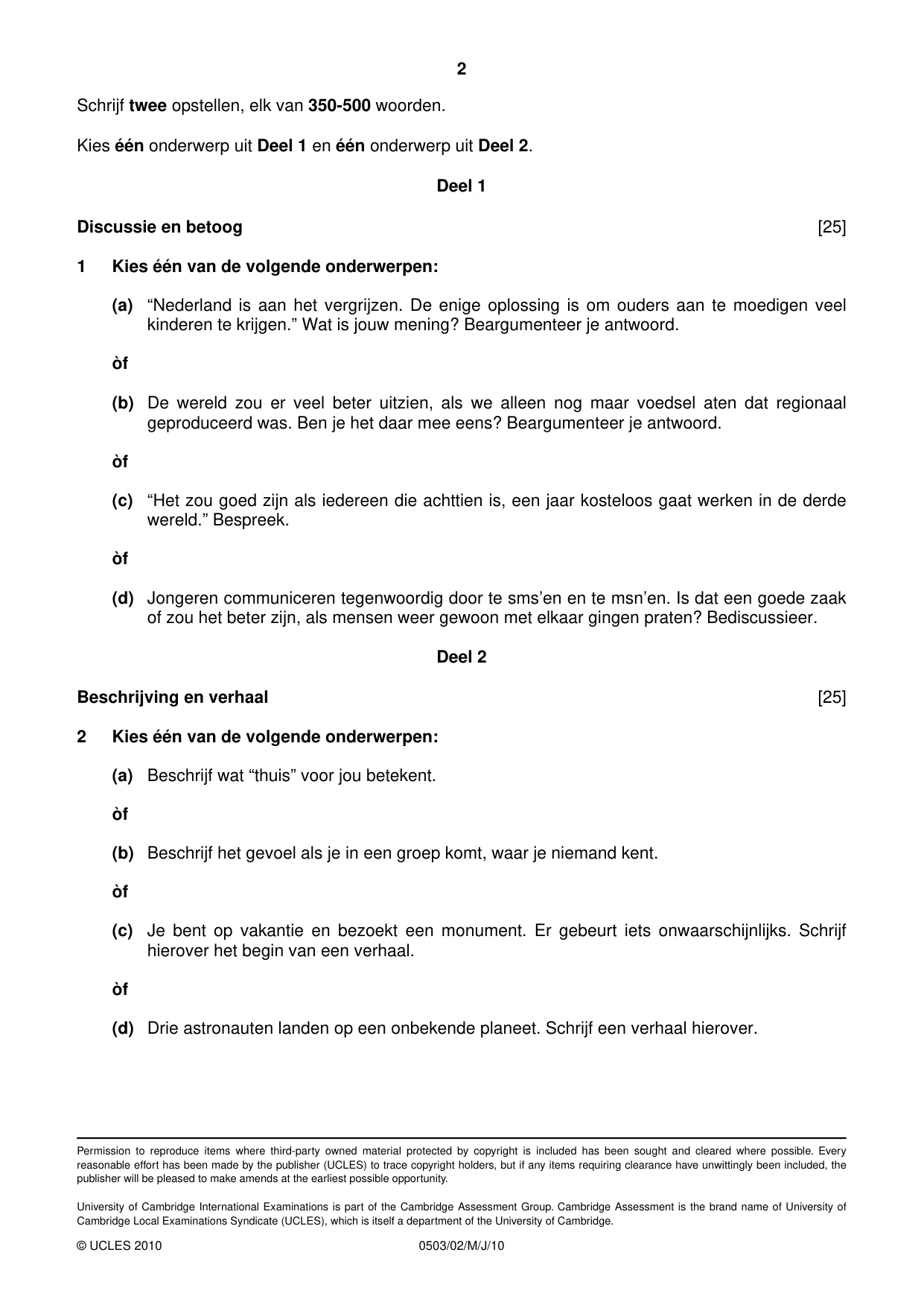 Cambridge IGCSE Dutch - First Language 0503 2010 May/June Paper 2 · Variant 1 question paper, page 2 of 2