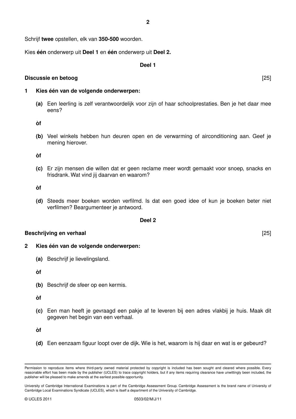 Cambridge IGCSE Dutch - First Language 0503 2011 May/June Paper 2 · Variant 1 question paper, page 2 of 2