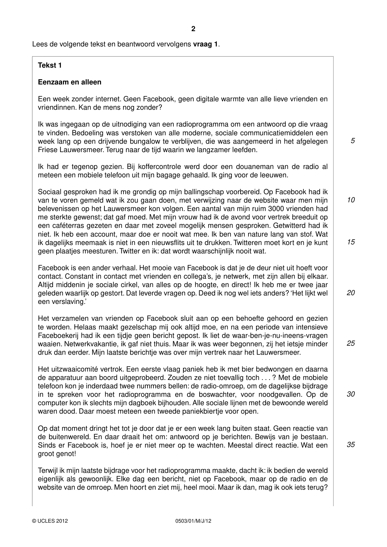 Cambridge IGCSE Dutch - First Language 0503 2012 May/June Paper 1 · Variant 1 question paper, page 2 of 8